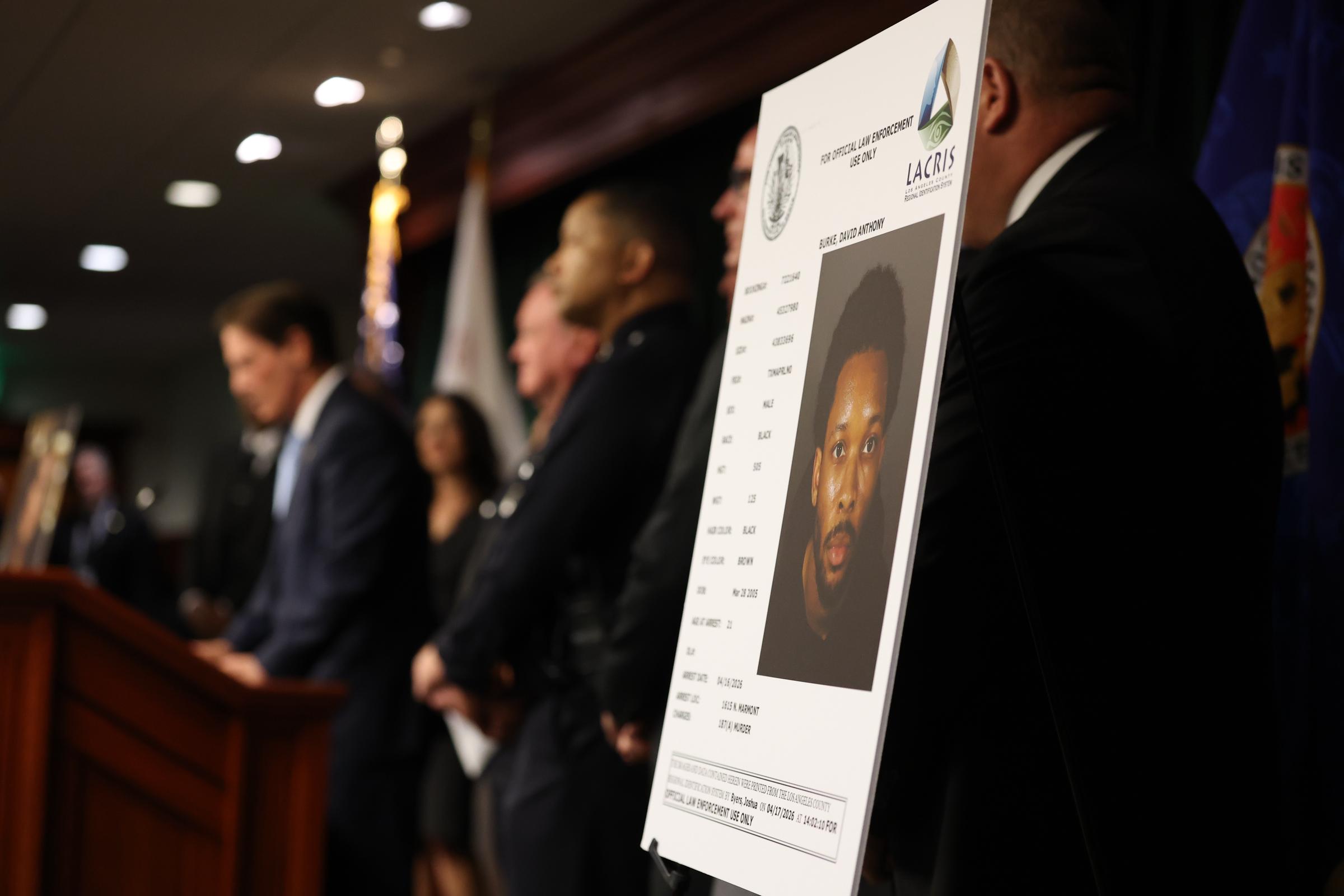 Officials display a photo during a press conference on the case against singer d4vd on April 20, 2026 | Source: Getty Images