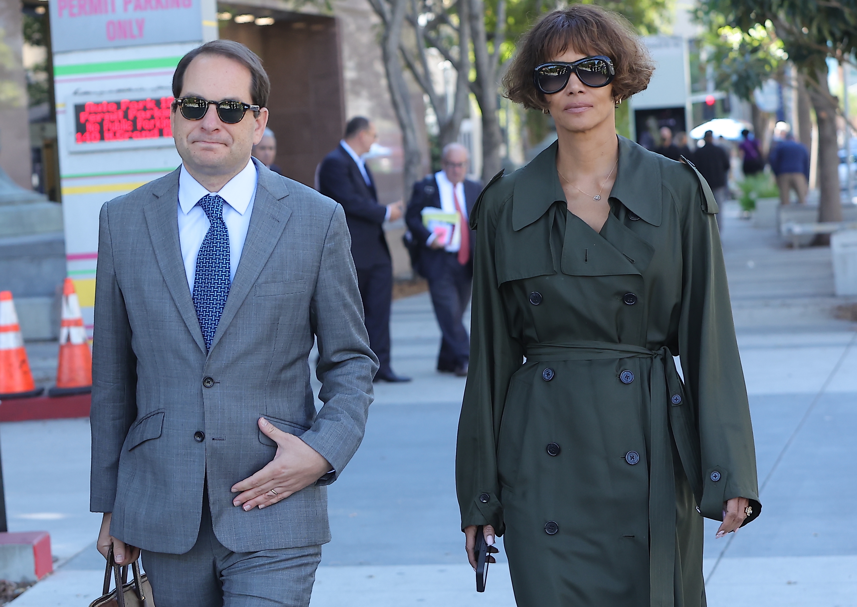 Halle Berry leaves a Los Angeles courthouse with her lawyers on October 27, 2026. An unexpected social media issue added another twist to her ongoing custody battle with Olivier Martinez. | Source: Getty Images