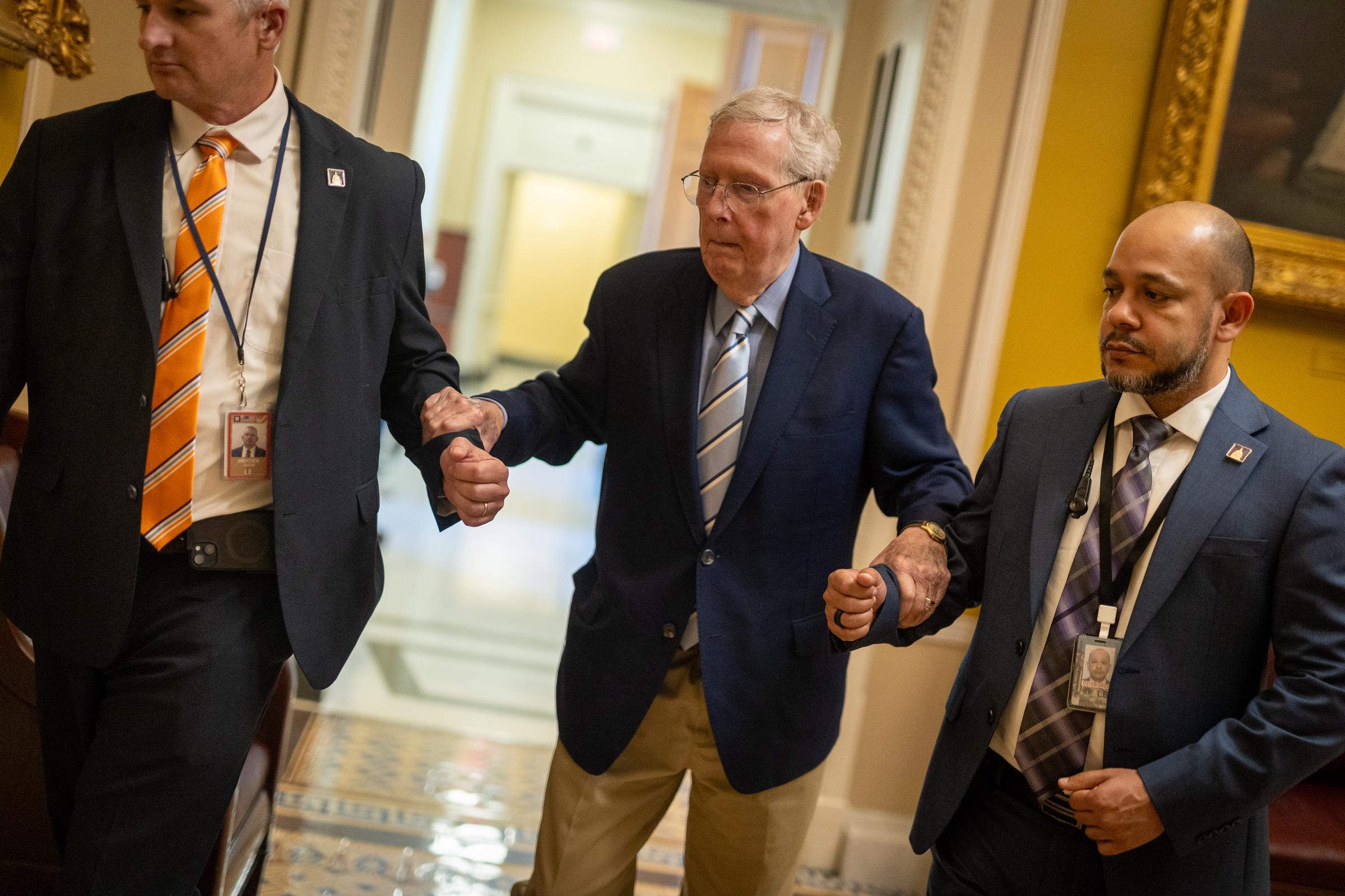 Ten days before the medical emergency, McConnell was still moving between Senate votes with the assistance of aides on Capitol Hill. The images offer a look at his final public appearances before the June 14 hospitalization. | Source: Getty Images
