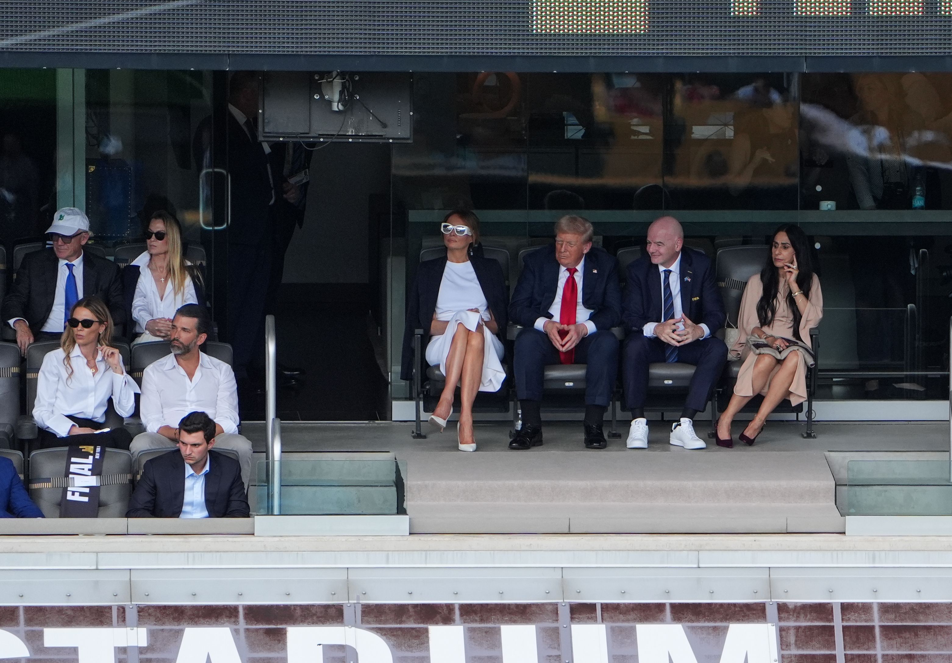 President Donald Trump and First Lady Melania Trump, The President of FIFA Gianni Infantino, and his wife Leena Al Ashqar are seen during the FIFA Club World Cup 2025 Final match between PSG and Chelsea at MetLife Stadium on July 13, 2025 in New Jersey | Source: Getty Images