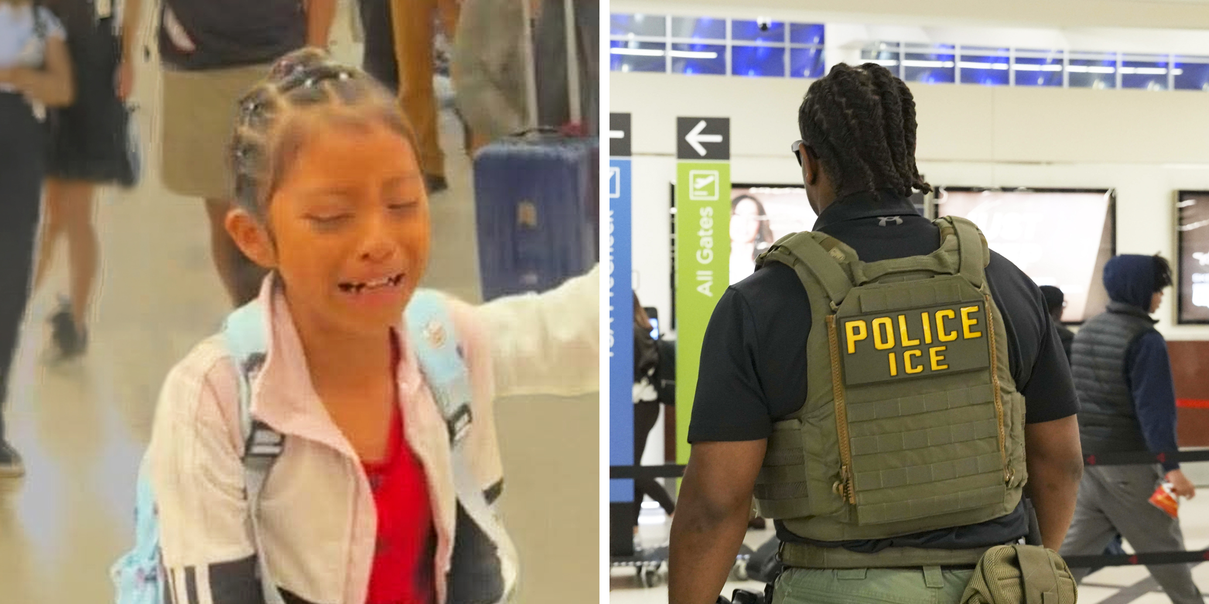 A young girl sobs as ICE agents detain her mother | An ICE agent is seen in an airport | Source: Getty Images
