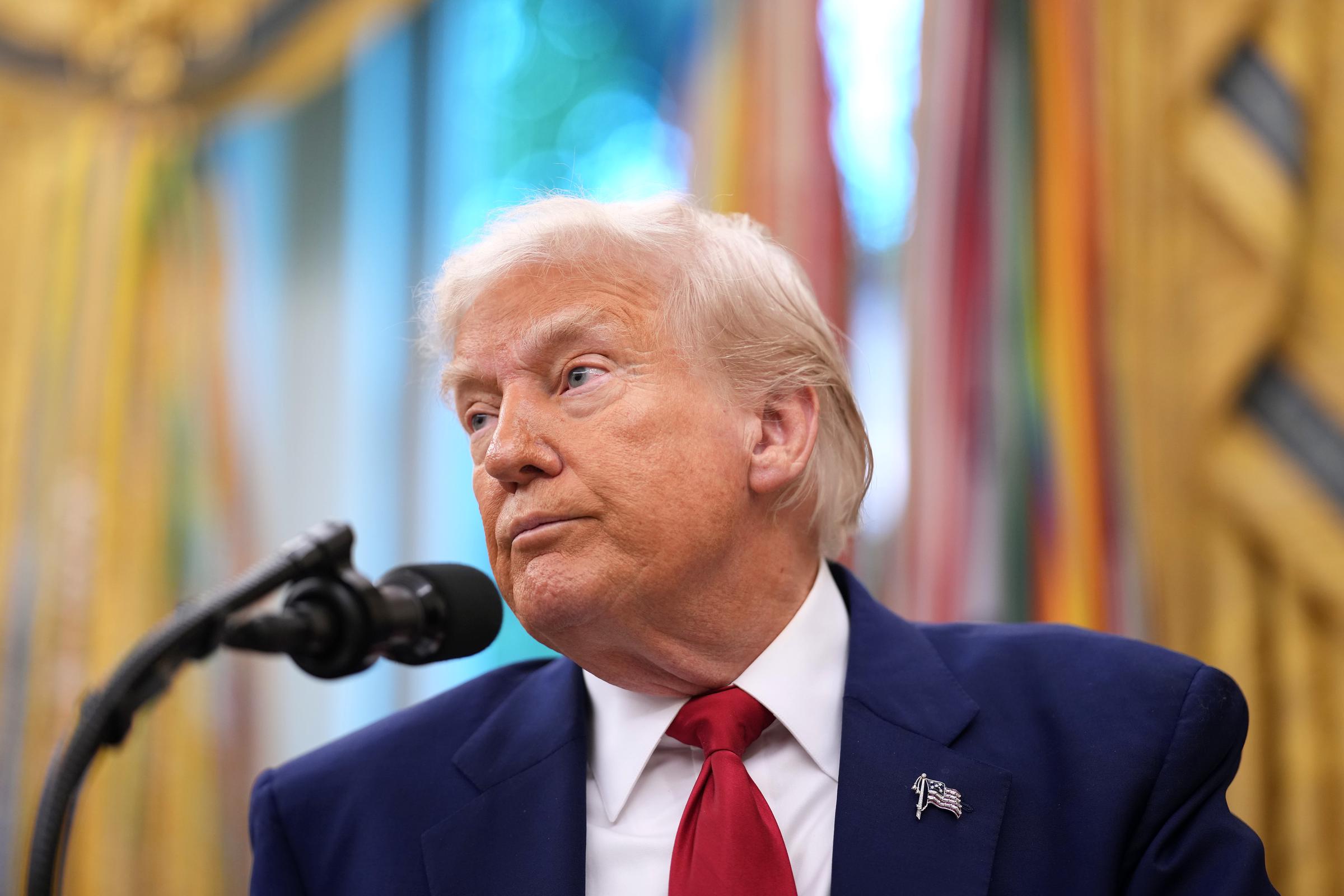 President Donald Trump speaks during a swearing in ceremony for interim U.S. Attorney for Washington, D.C. Jeanine Pirro in the Oval Office of the White House on May 28, 2025, in Washington, DC. | Source: Getty Images