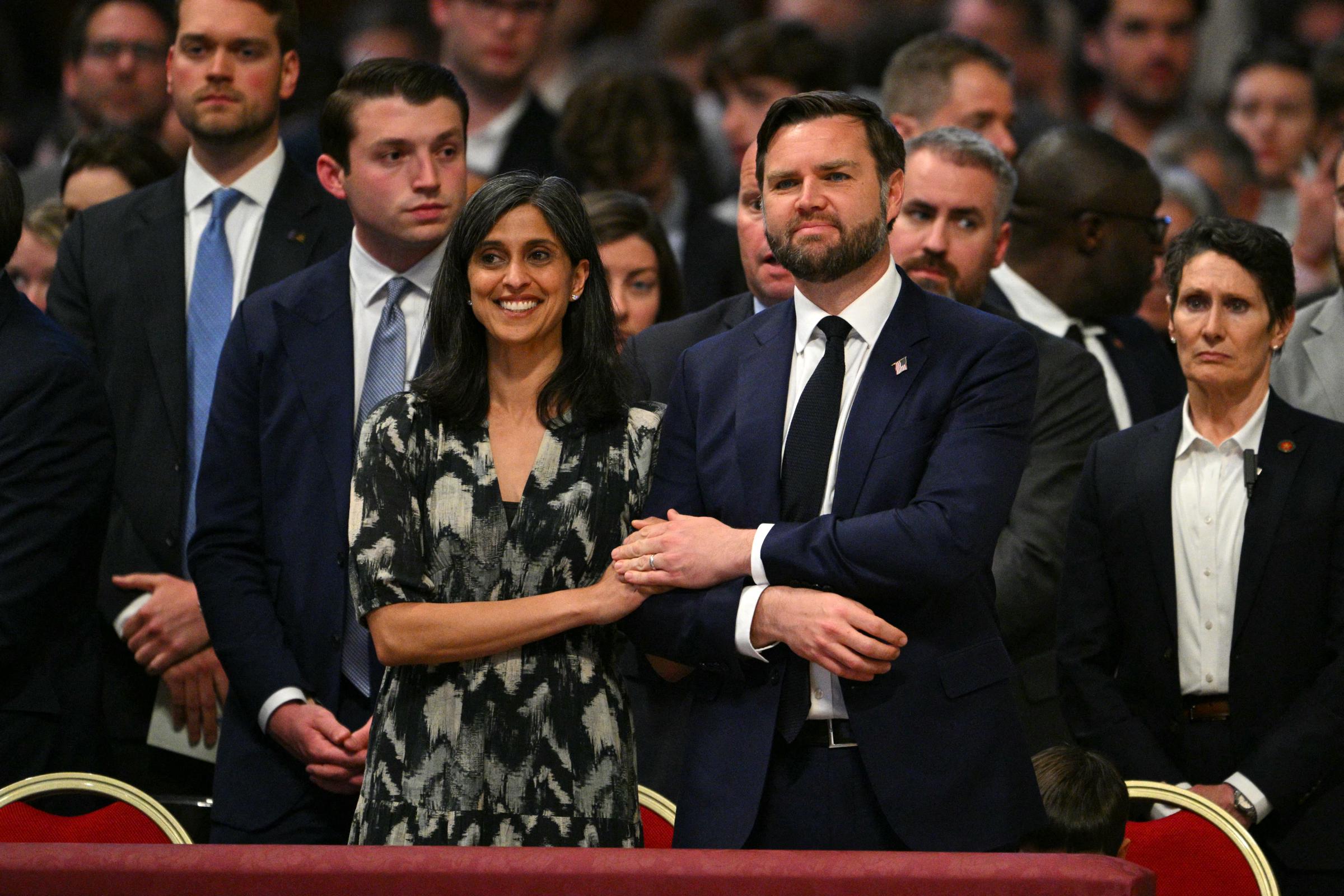 Usha and JD Vance at St. Peter's Basilica in the Vatican on April 18, 2025. | Source: Getty Images