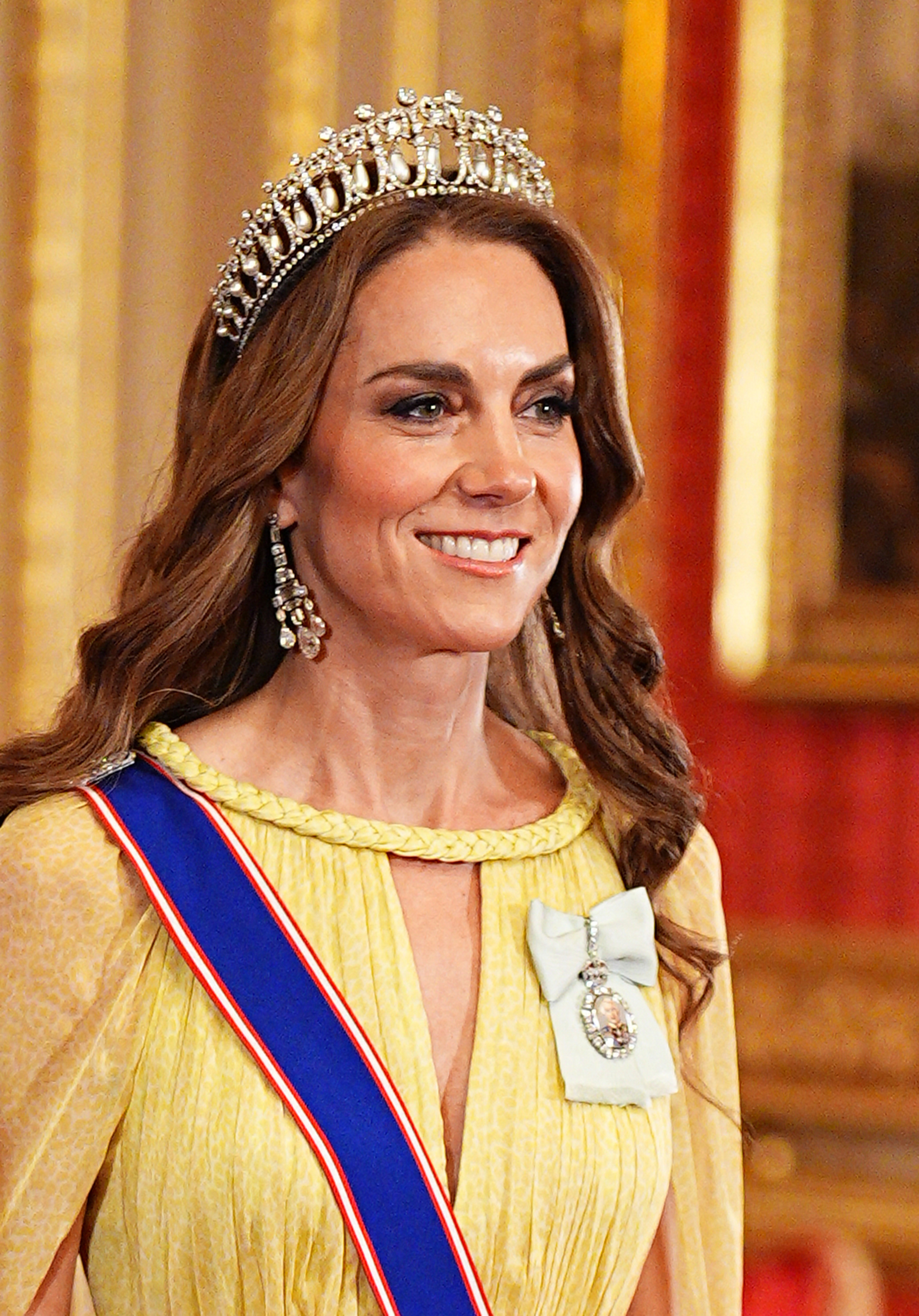 Princess Catherine chose an elegant Elie Saab gown and her beloved Lover's Knot tiara for the October 20, 2026, state banquet at Windsor Castle. Body-language Expert Judi James suggested the princess's confident demeanor reflected resilience amid renewed scrutiny of the royal family. | Source: Getty Images