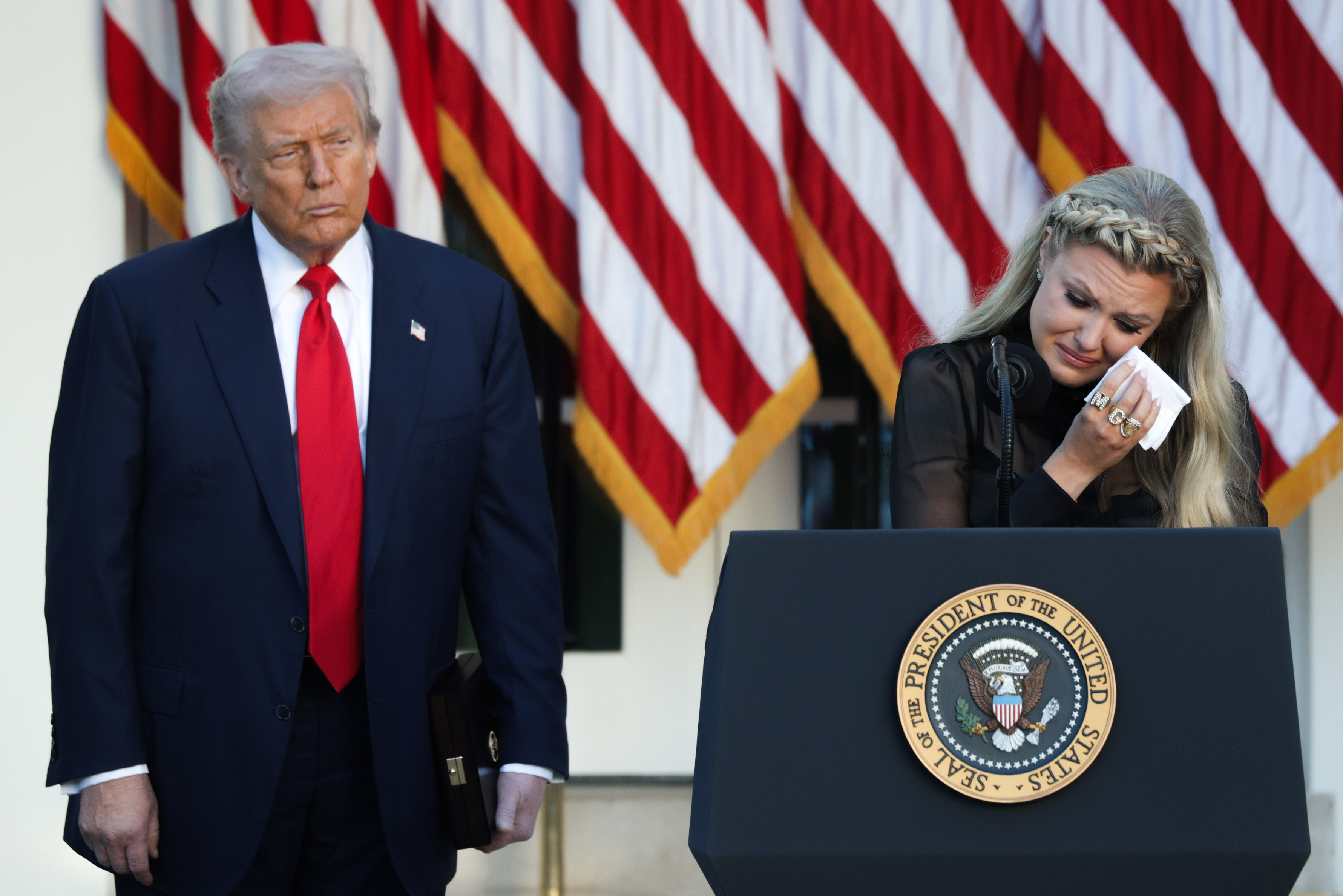 Erika Kirk becomes emotional as she speaks at the Medal of Freedom Ceremony for her late husband. | Source: Getty Images