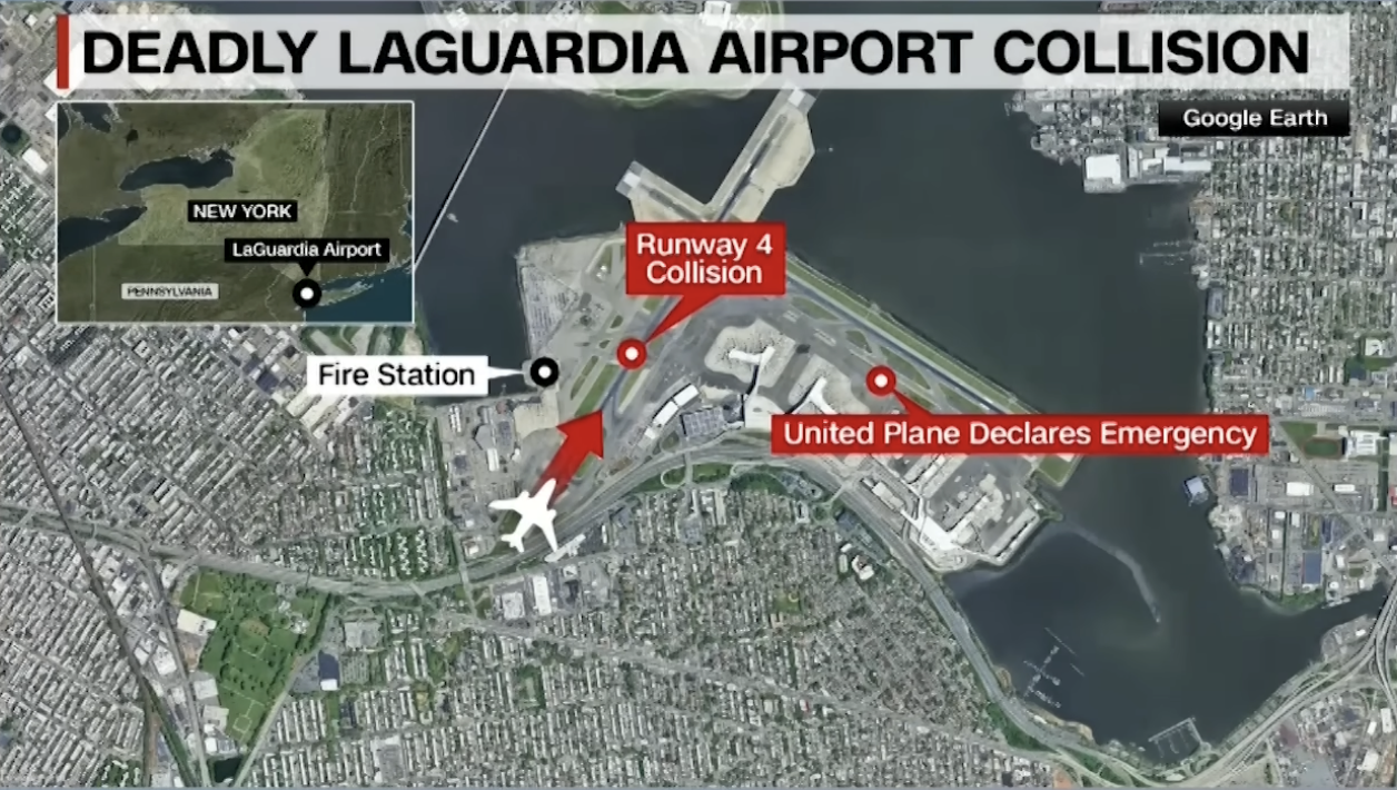 A chart details the layout of the airport following a collision between an Air Canada Express plane and a fire truck at LaGuardia Airport on March 23, 2026, in New York City | Source: YouTube/CNN