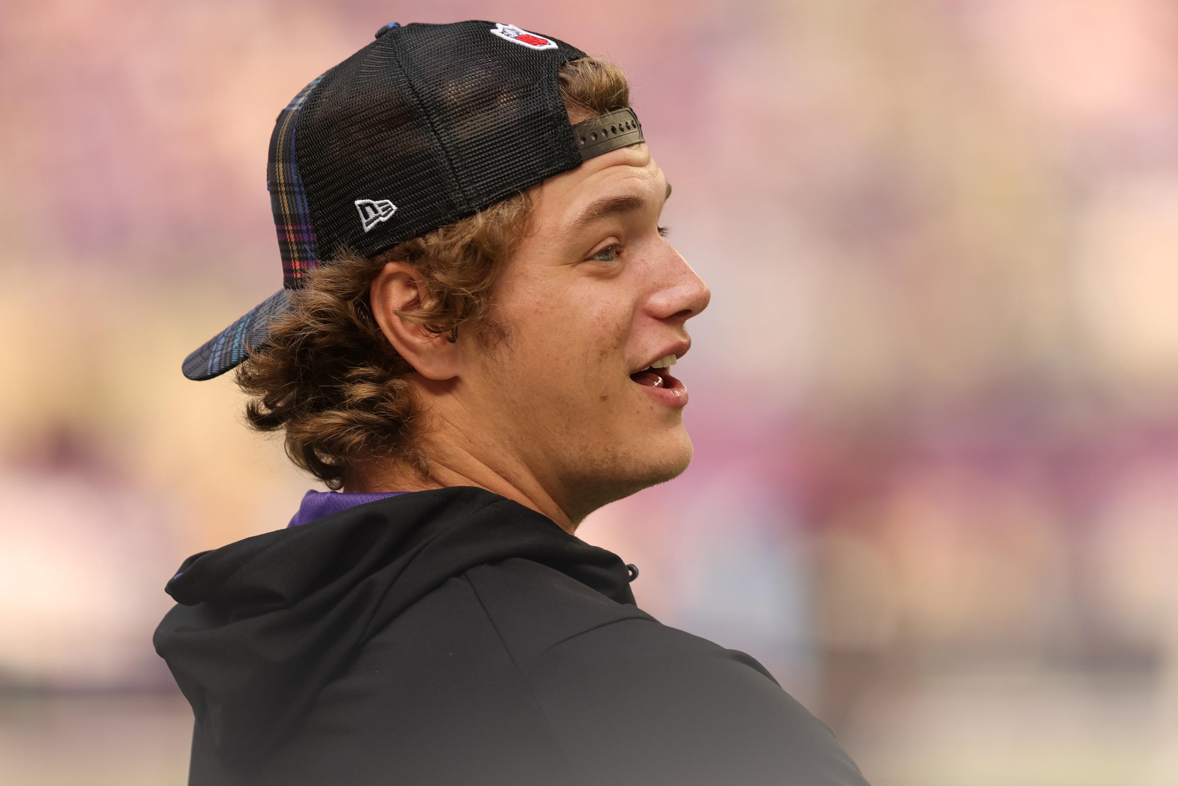 J.J. McCarthy before the NFL game between the Detroit Lions and the Minnesota Vikings on October 20, 2024, at U.S. Bank Stadium in Minneapolis. | Source: Getty Images