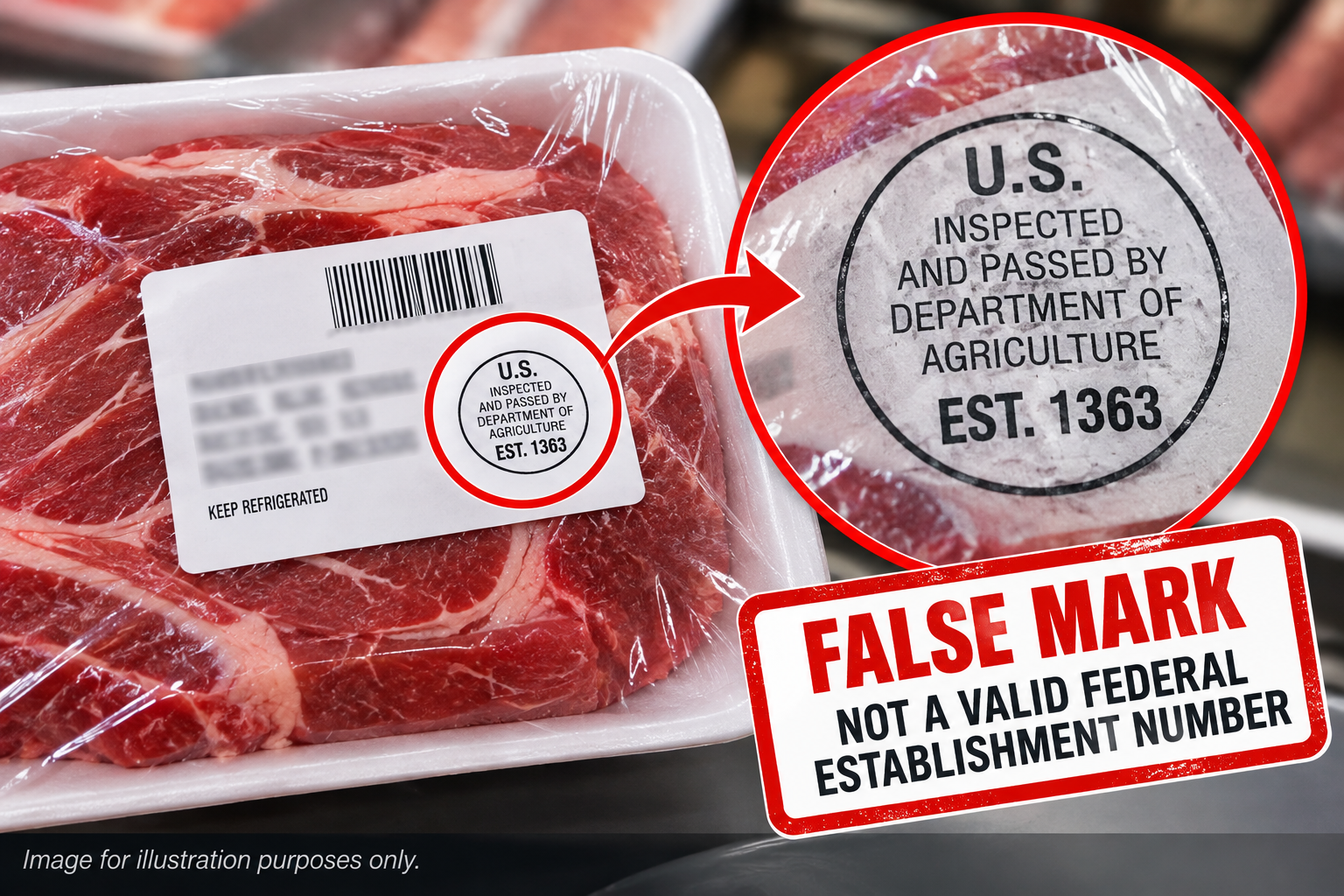 Illustration of a false USDA inspection mark bearing establishment number “EST. 1363,” which FSIS says was not assigned a federal grant of inspection. | Source: ChatGPT