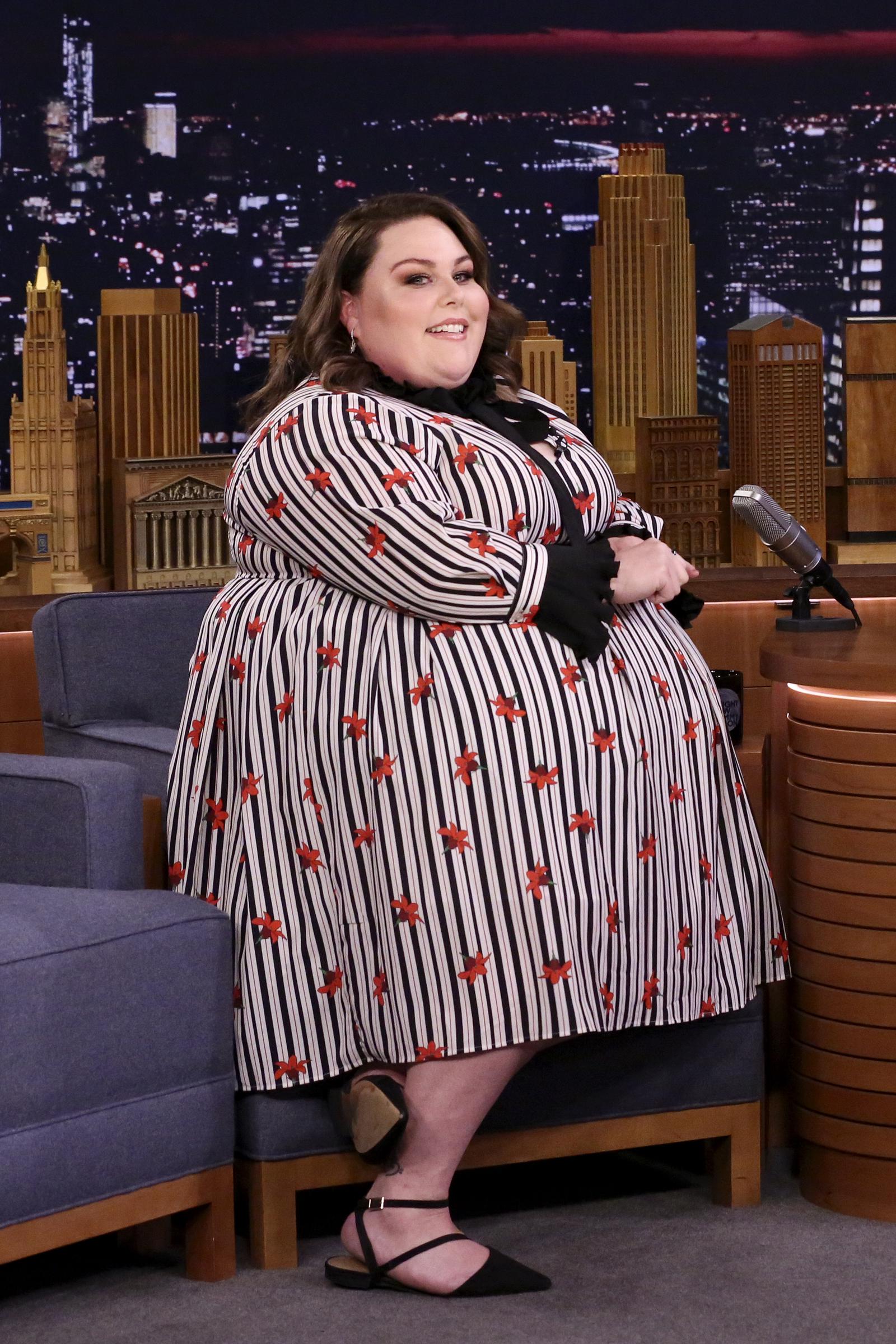 Metz chose a black-and-white striped dress with red floral accents for "The Tonight Show Starring Jimmy Fallon." The photo shows her appearance several years before she began publicly discussing major changes to her health routine.