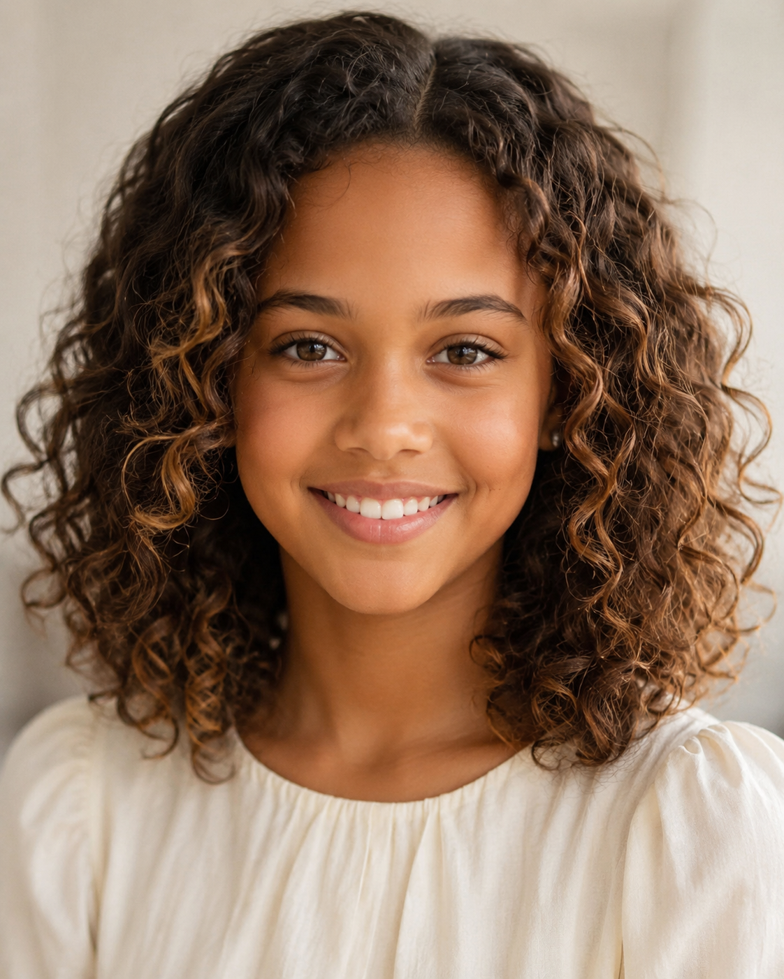 A second AI portrait imagined the hypothetical daughter a little older, once again emphasizing curly hair and warm brown eyes. The image is entirely synthetic and does not represent any member of Berry or Hunt's real family. | Source: ChatGPT