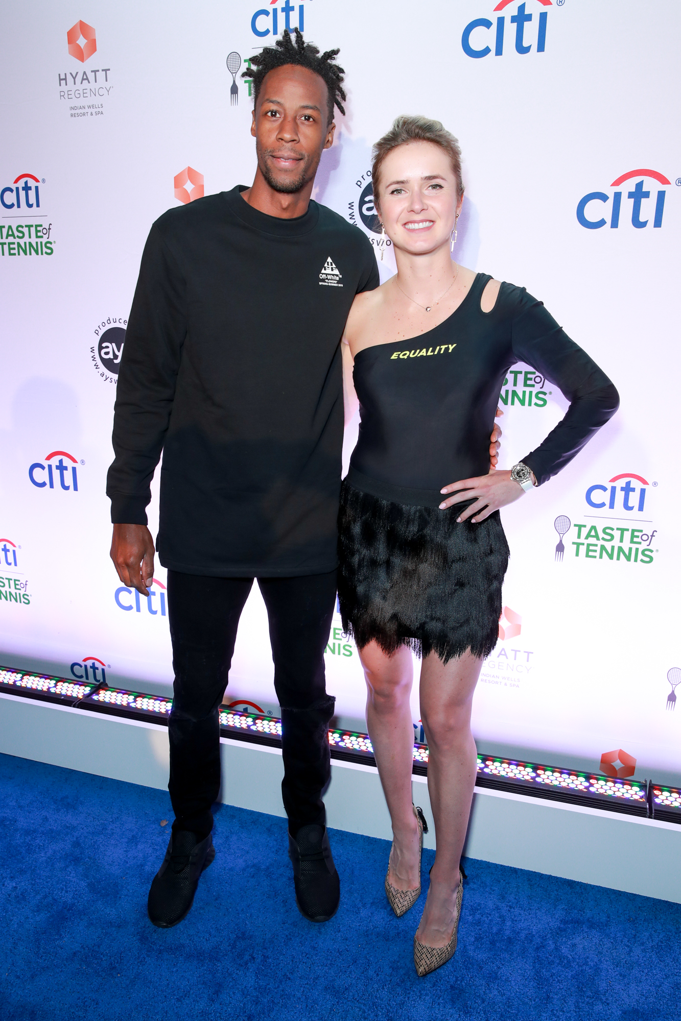 Gaël Monfils and Elina Svitolina attend the Citi Taste of Tennis event in Indian Wells, California on March 4, 2019. The couple beams on the blue carpet, showcasing their chemistry during one of their earliest public appearances together.