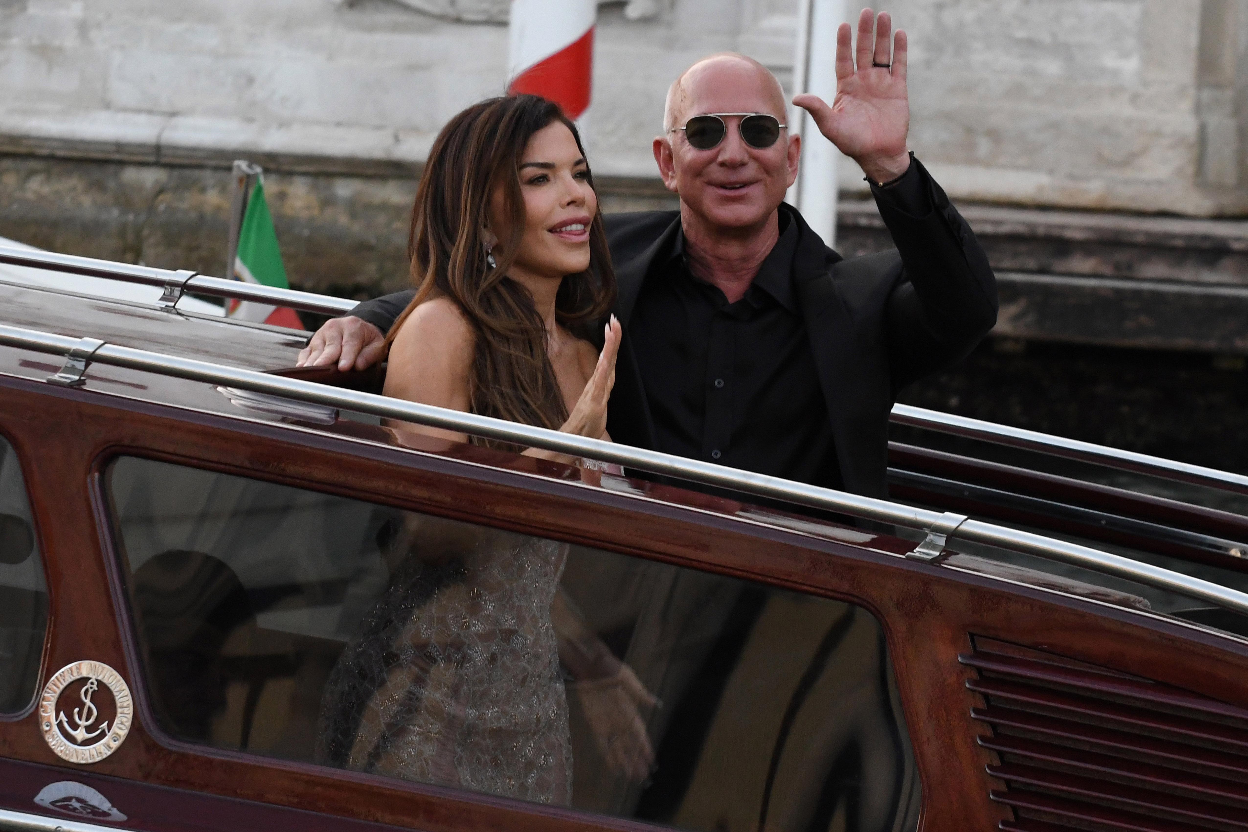 Jeff Bezos and Lauren Sanchez leave the Aman Hotel on the third day of their wedding festivities, in Venice on June 28, 2025. | Source: Getty Images