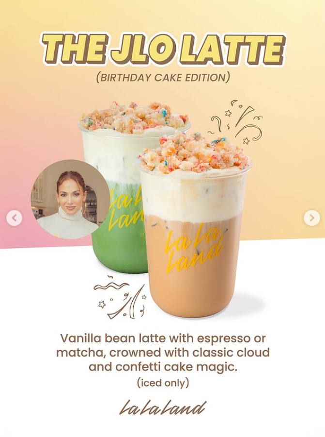 Promotional flyer for the JLo Birthday Cake Latte by La La Land, from a post dated July 23, 2025. | Source: Instagram/jlo