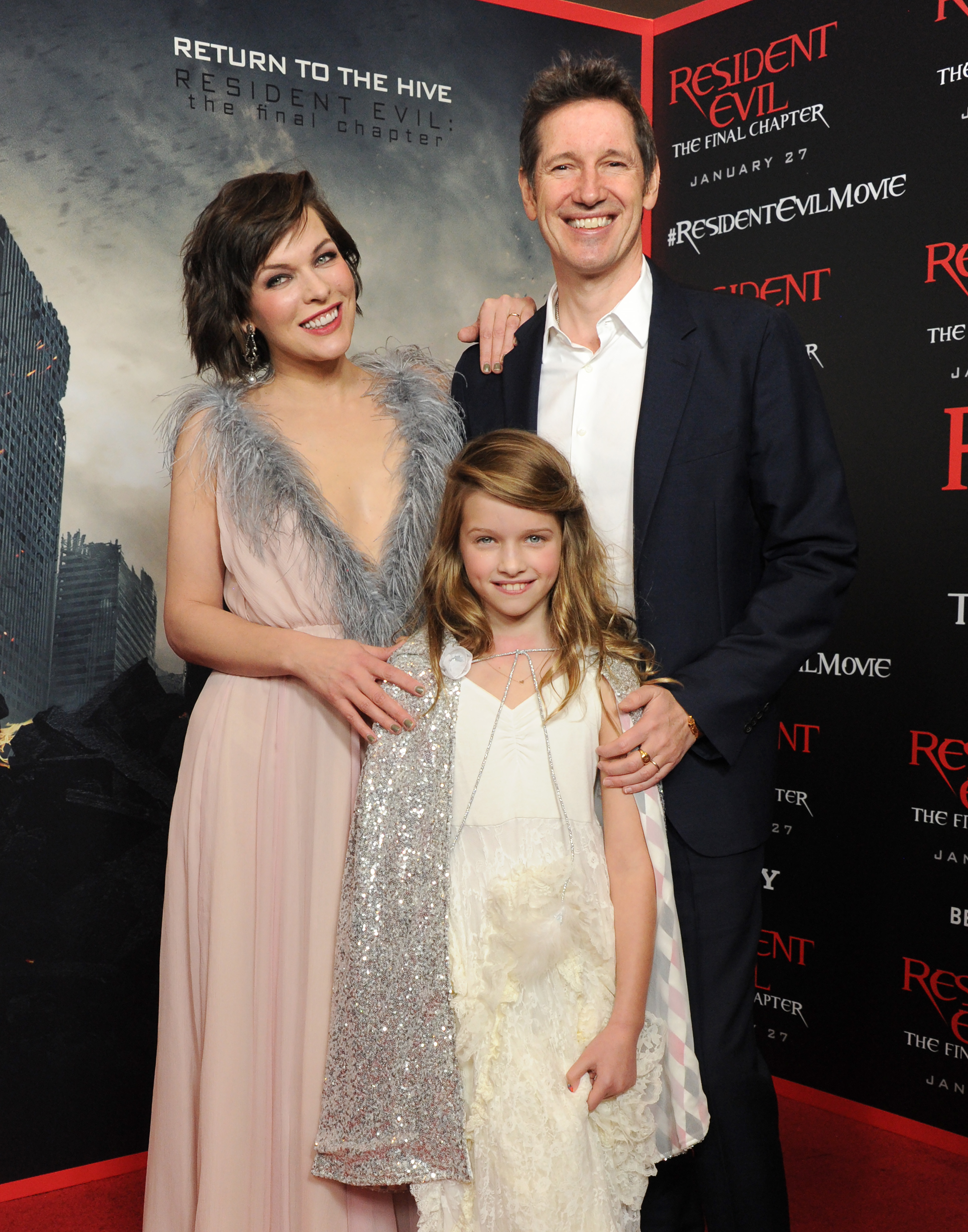 Milla Jovovich, 41, Paul W.S. Anderson, 51, and Ever Anderson, 9, arrived at the premiere of "Resident Evil: The Final Chapter" at Regal LA Live: A Barco Innovation Center on January 23, 2017, in Los Angeles, California.