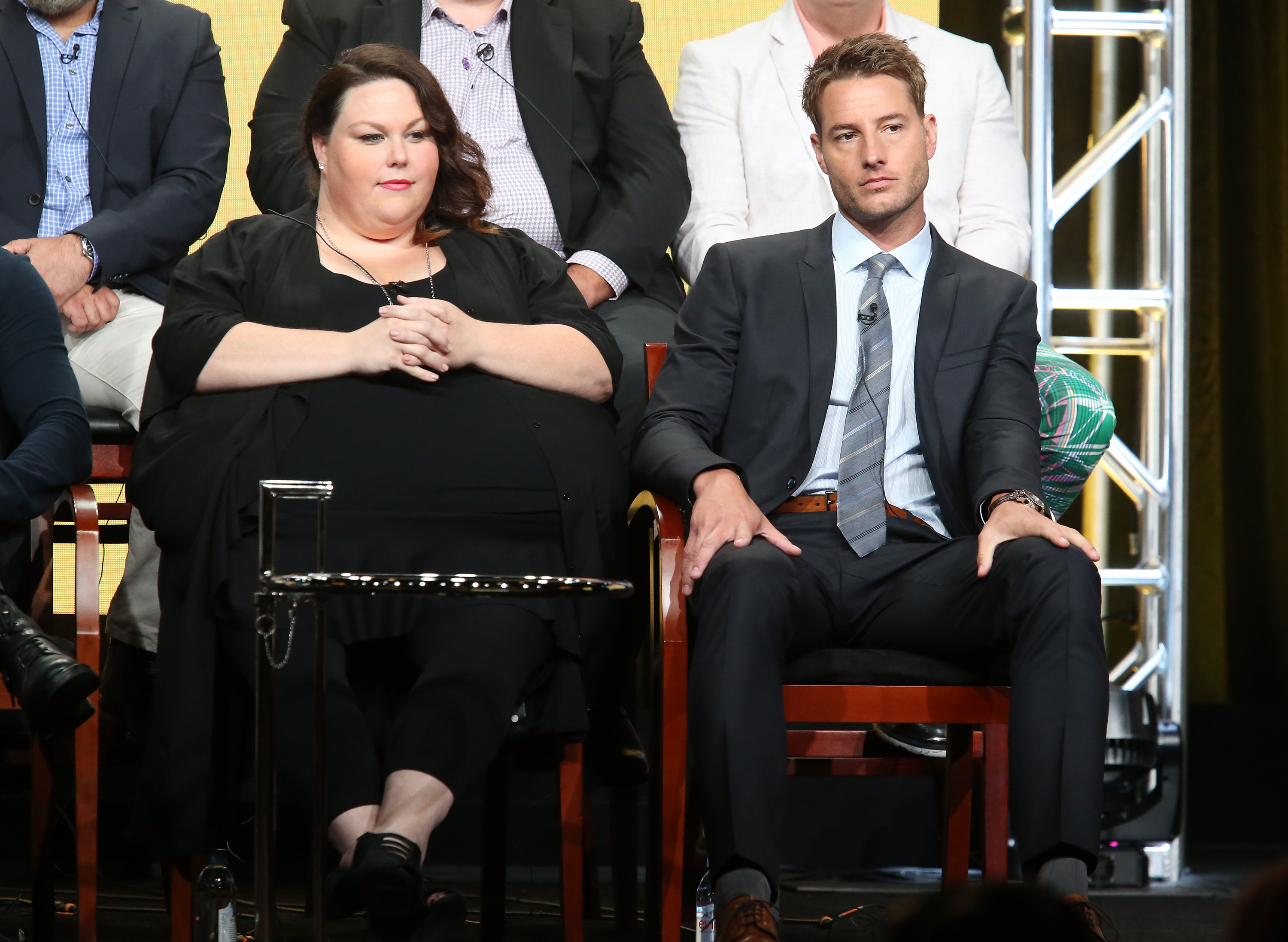 Chrissy Metz (L) and Justin Hartley speak onstage at the 'This Is Us' panel discussion during the NBCUniversal portion of the 2016 Television Critics Association Summer Tour at The Beverly Hilton Hotel on August 2, 2016, in Beverly Hills, California. | Source: Getty Images