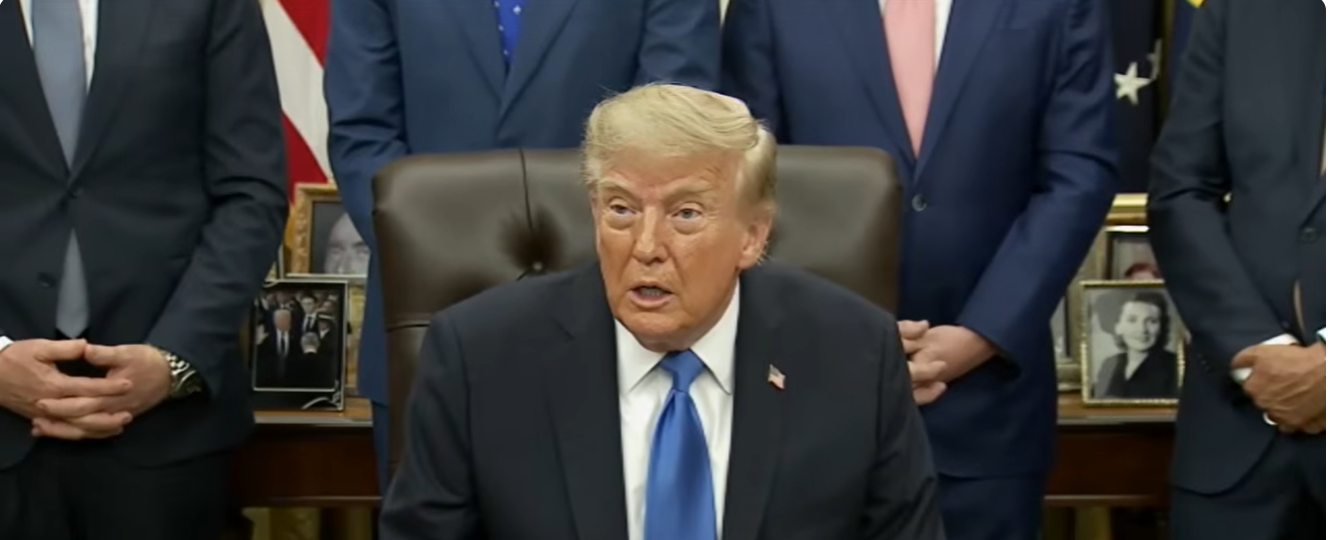 Donald Trump speaks during a press conference where he addressed reporters’ questions about Prince Harry and Meghan, Duchess of Sussex’s return to Britain. | Source: YouTube/PBS NewsHour