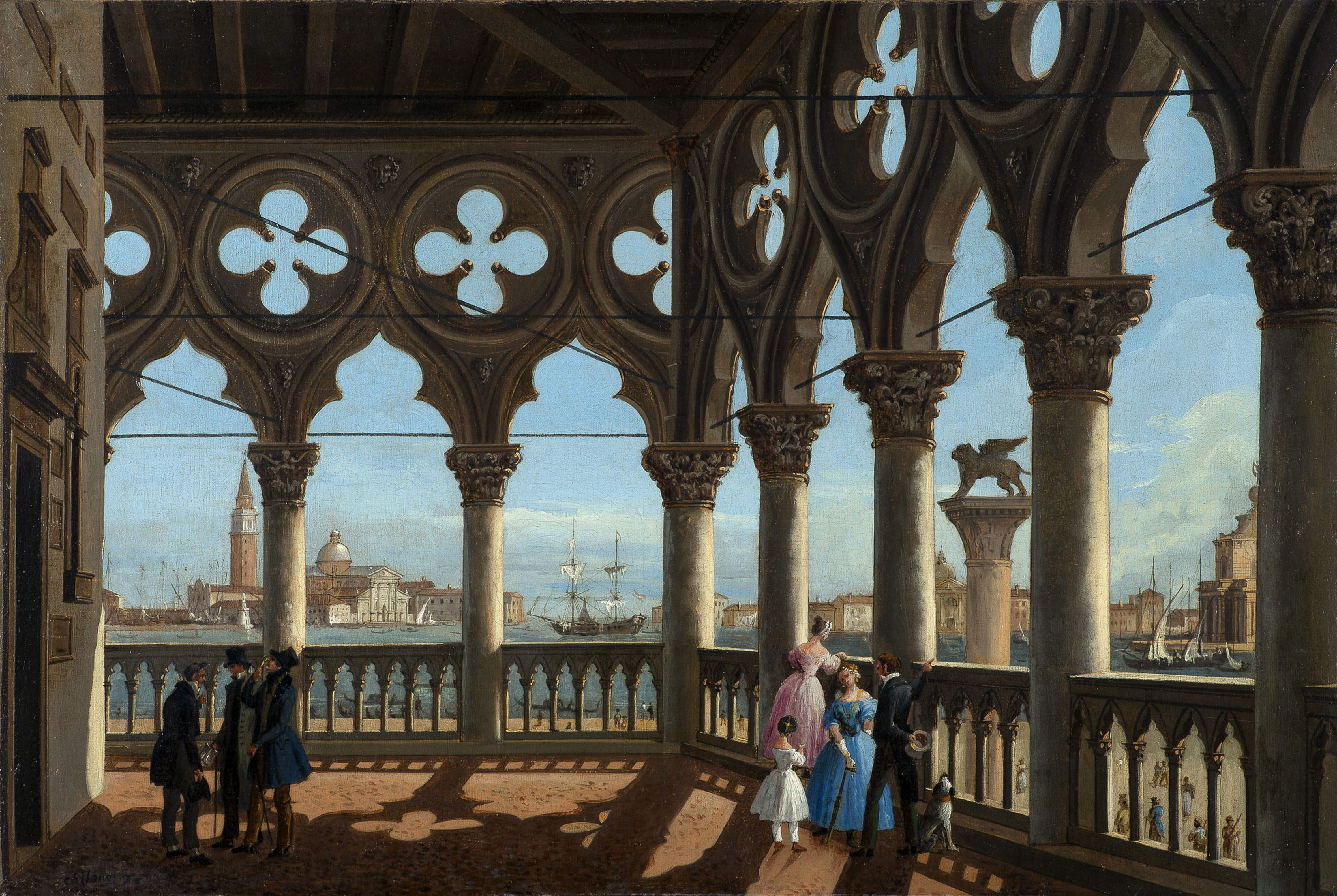 An 18th-century painting depicting the "Loggia of the Doge's Palace," capturing elegantly attired figures conversing along the ornate Gothic arcade overlooking the Venetian lagoon, sailboats, and the distant church and bell tower of San Giorgio Maggiore. | Source: Getty Images