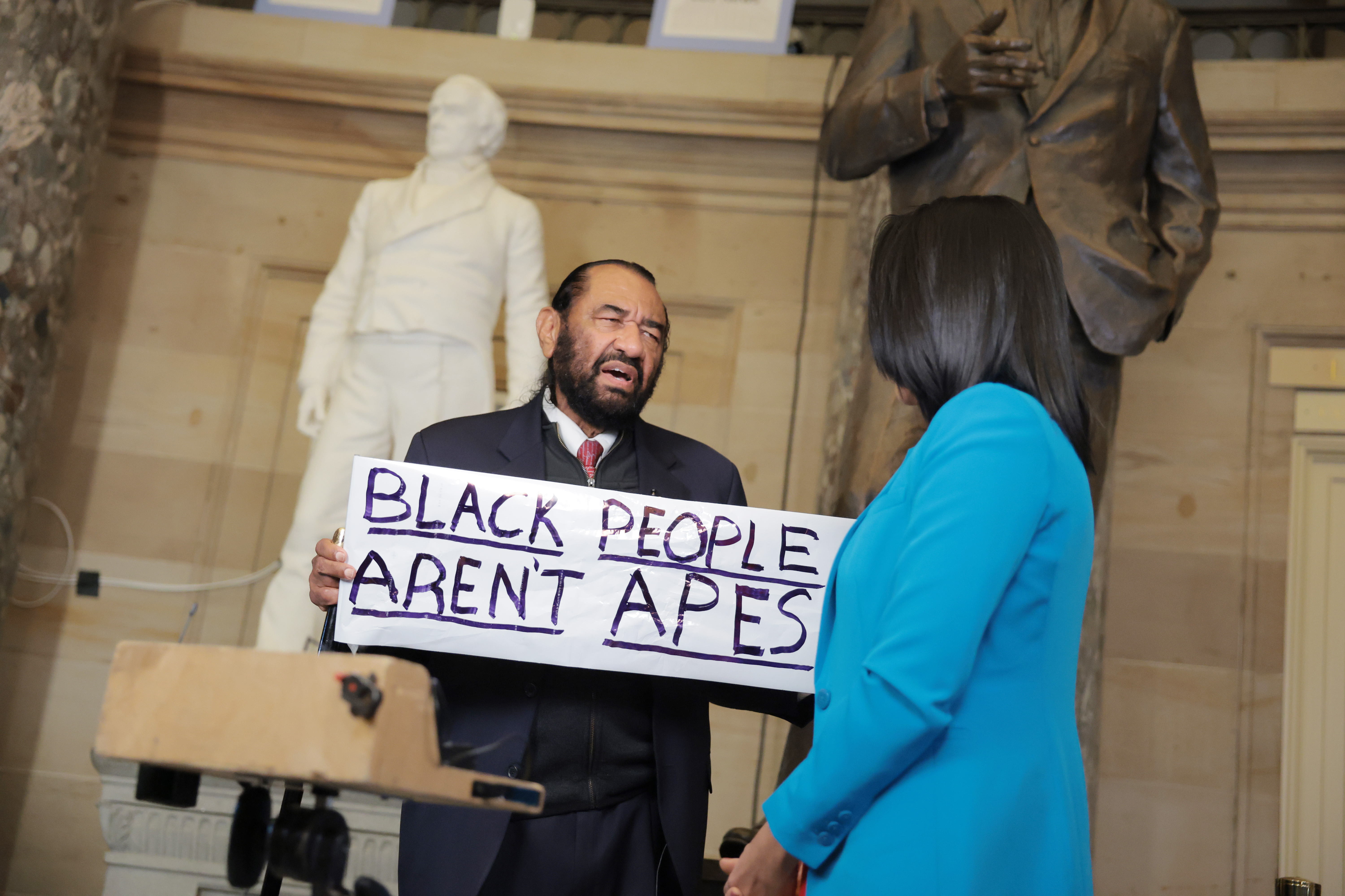 Rep. Al Green speaks during a TV interview after being escorted from the chamber during President Donald Trump’s State of the Union address at the U.S. Capitol in Washington, DC, on February 24, 2026. | Source: Getty Images