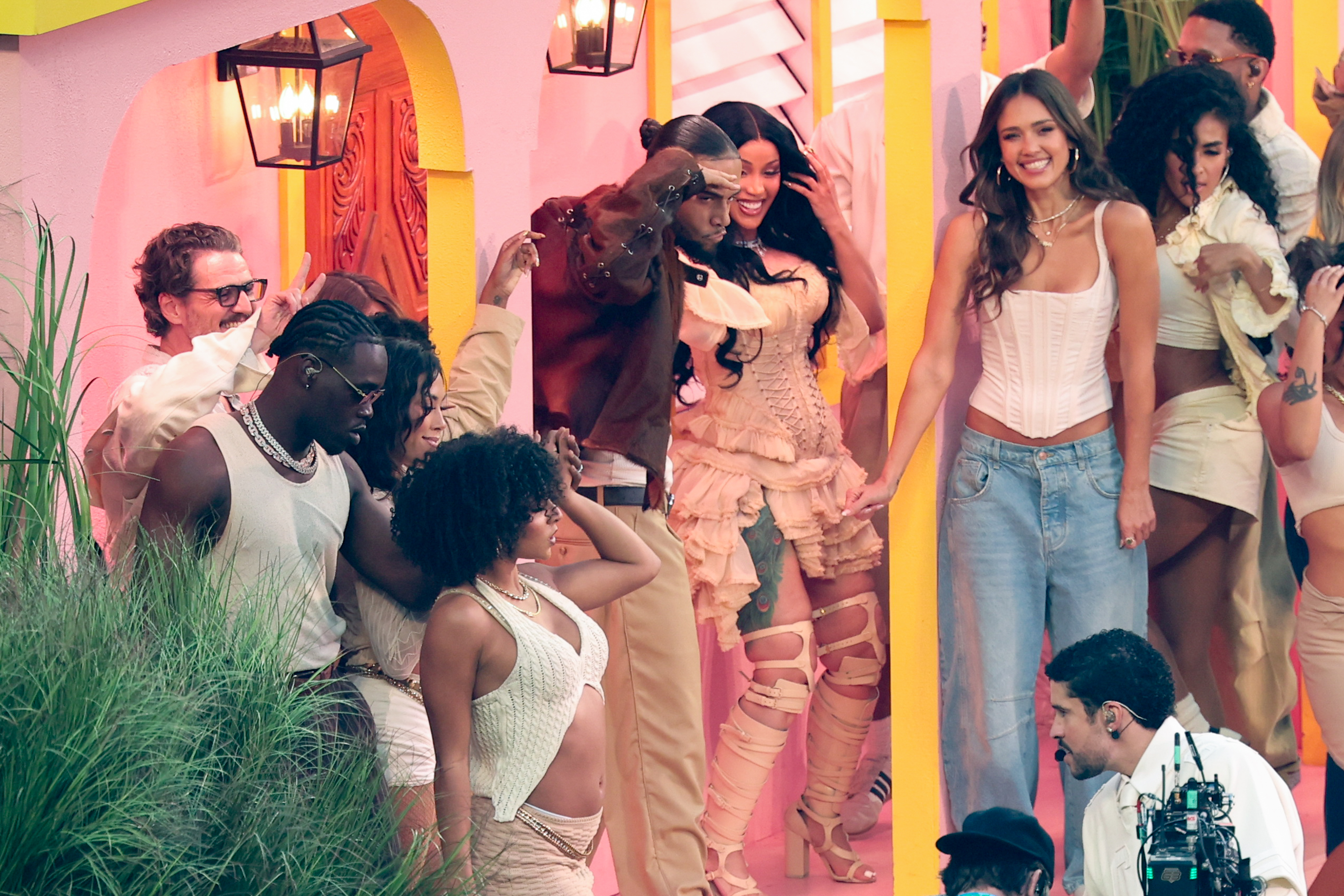 Pedro Pascal, Karol G, Cardi B, Jessica Alba, Stephani Sosa and Alix Earle in "La Casita" during the Apple Music Super Bowl LX Halftime Show at Levi's Stadium on February 8, 2026, in Santa Clara, California | Source: Getty Images