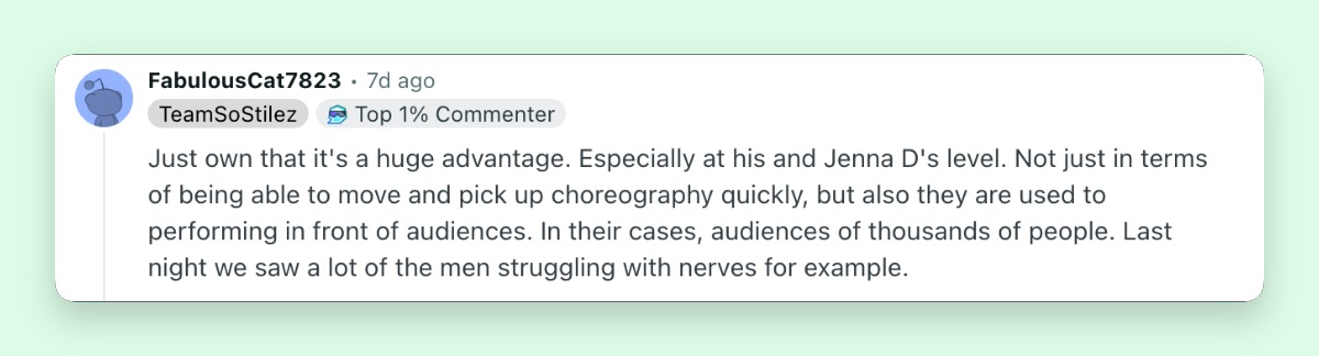 Other viewers were less willing to brush off Harry's professional experience, arguing that his ability to learn choreography and perform in front of large crowds gives him a meaningful edge. The commenter also grouped Jenna Dewan into that same conversation because of her extensive dance background. | Source: Reddit/r/dancingwiththestars