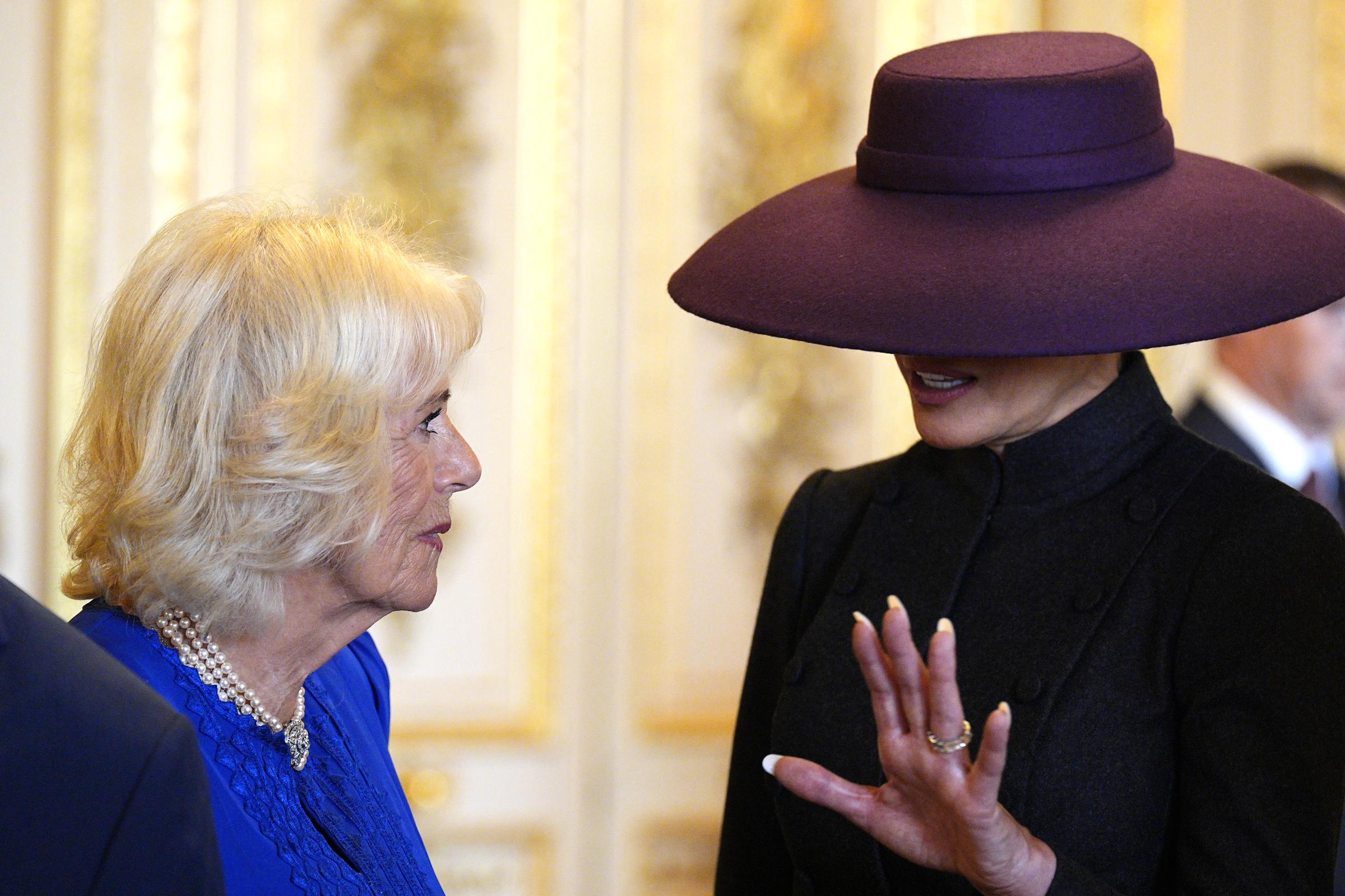 Queen Camilla and First Lady Melania Trump during a visit to the Royal Collection exhibition on September 17, 2025, in Windsor, England. | Source: Getty Images