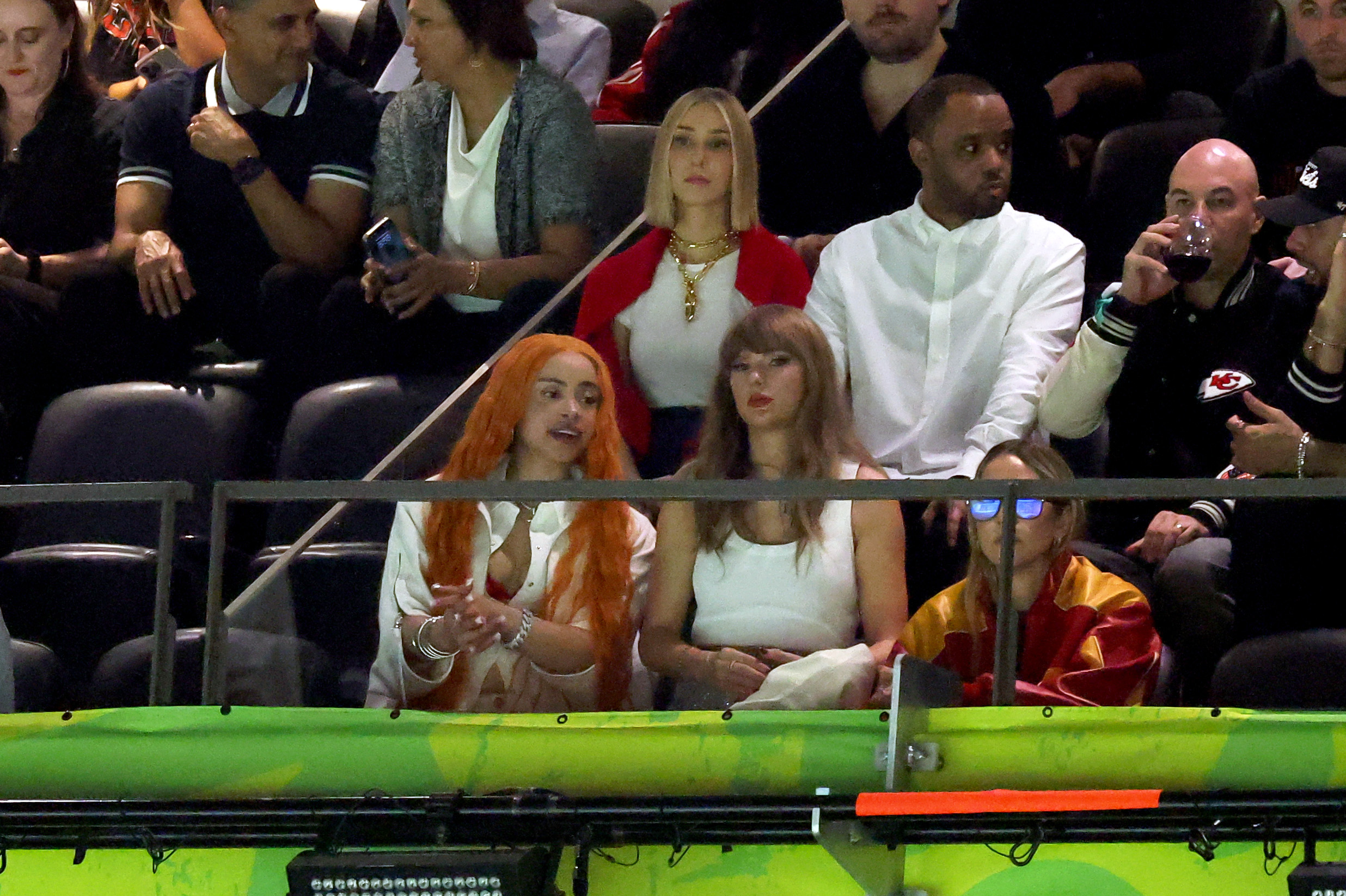 Ice Spice, Ashley Avignone, and Taylor Swift attend Super Bowl LIX at Caesars Superdome on February 9, 2025, in New Orleans, Louisiana | Source: Getty Images