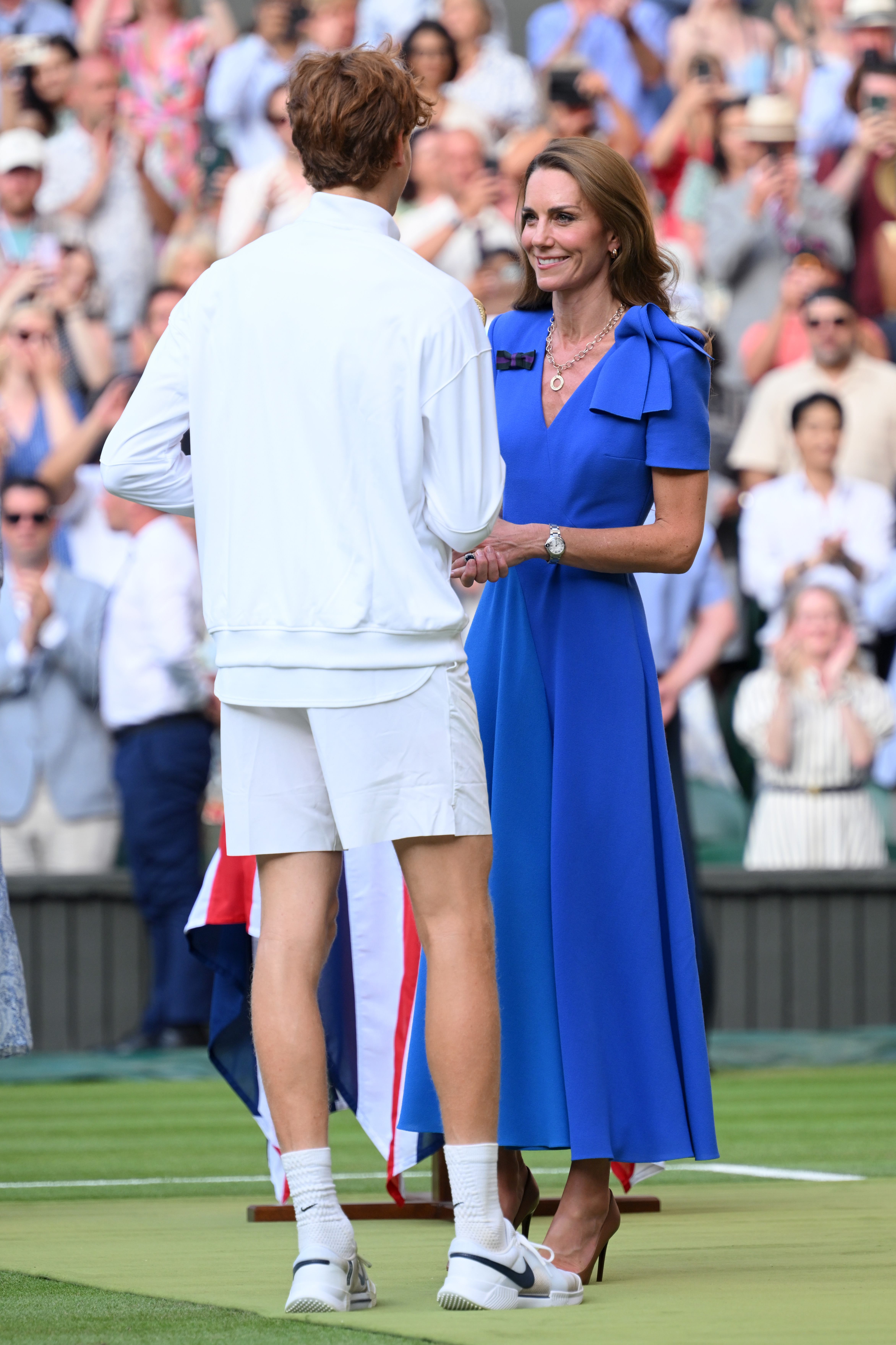 Jannik Sinner also won the tournament last year. Catherine, Princess of Wales, presented him with the Gentlemen’s Singles Trophy on day fourteen of the Wimbledon Tennis Championships at the All England Lawn Tennis and Croquet Club on July 13, 2025, in London, England. | Source: Getty Images