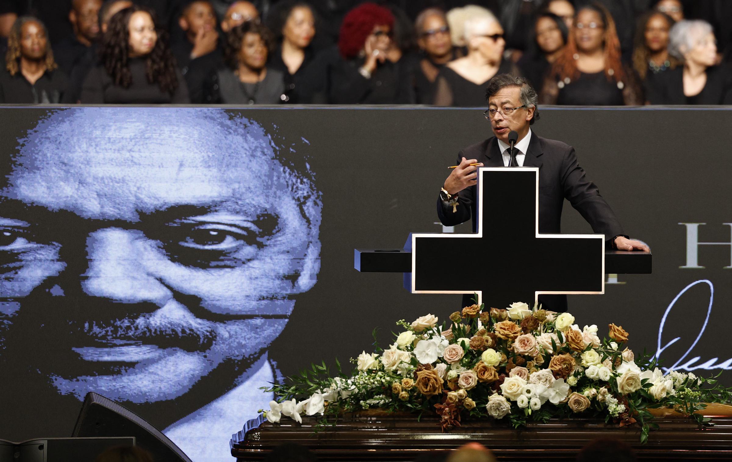 Colombian President Gustavo Petro speaking onstage at the memorial that took place on March 6, 2026. | Source: Getty Images