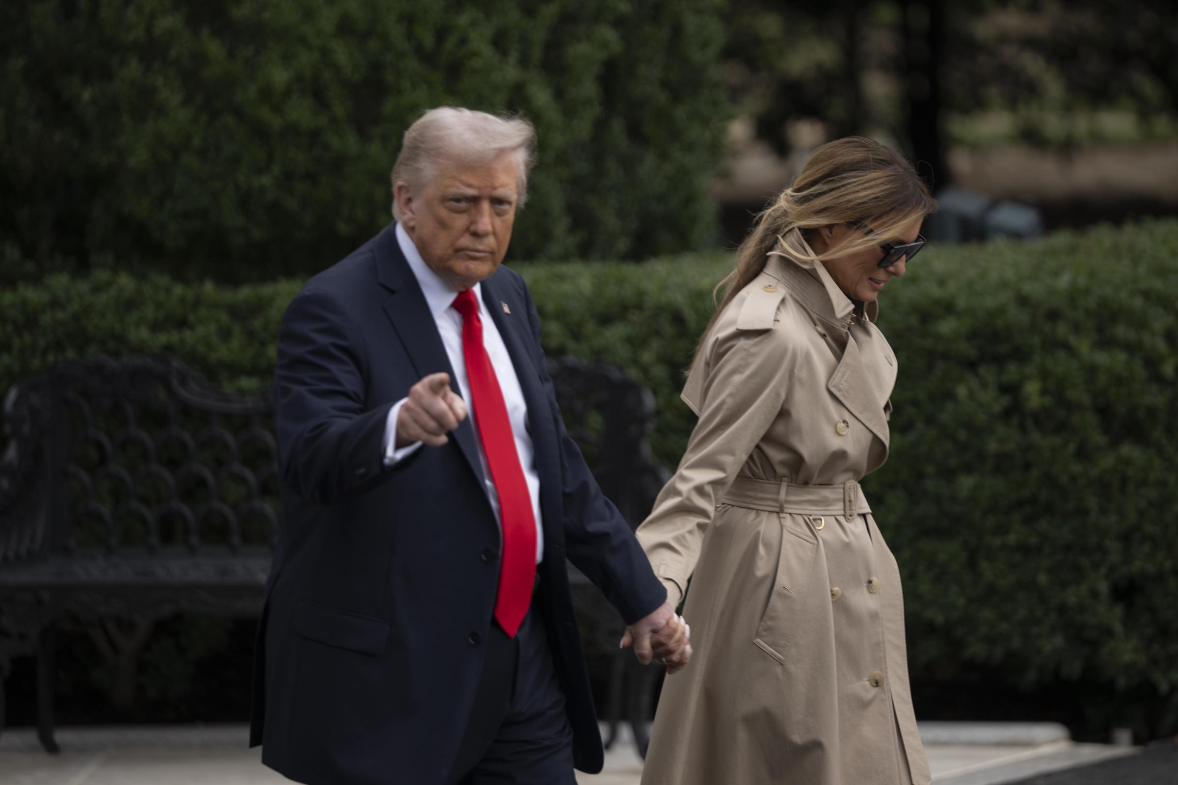 Donald Trump and Melania Trump walk to Marine One as they depart the White House for London, United Kingdom, on September 16, 2025, in Washington, D.C. | Source: Getty Images