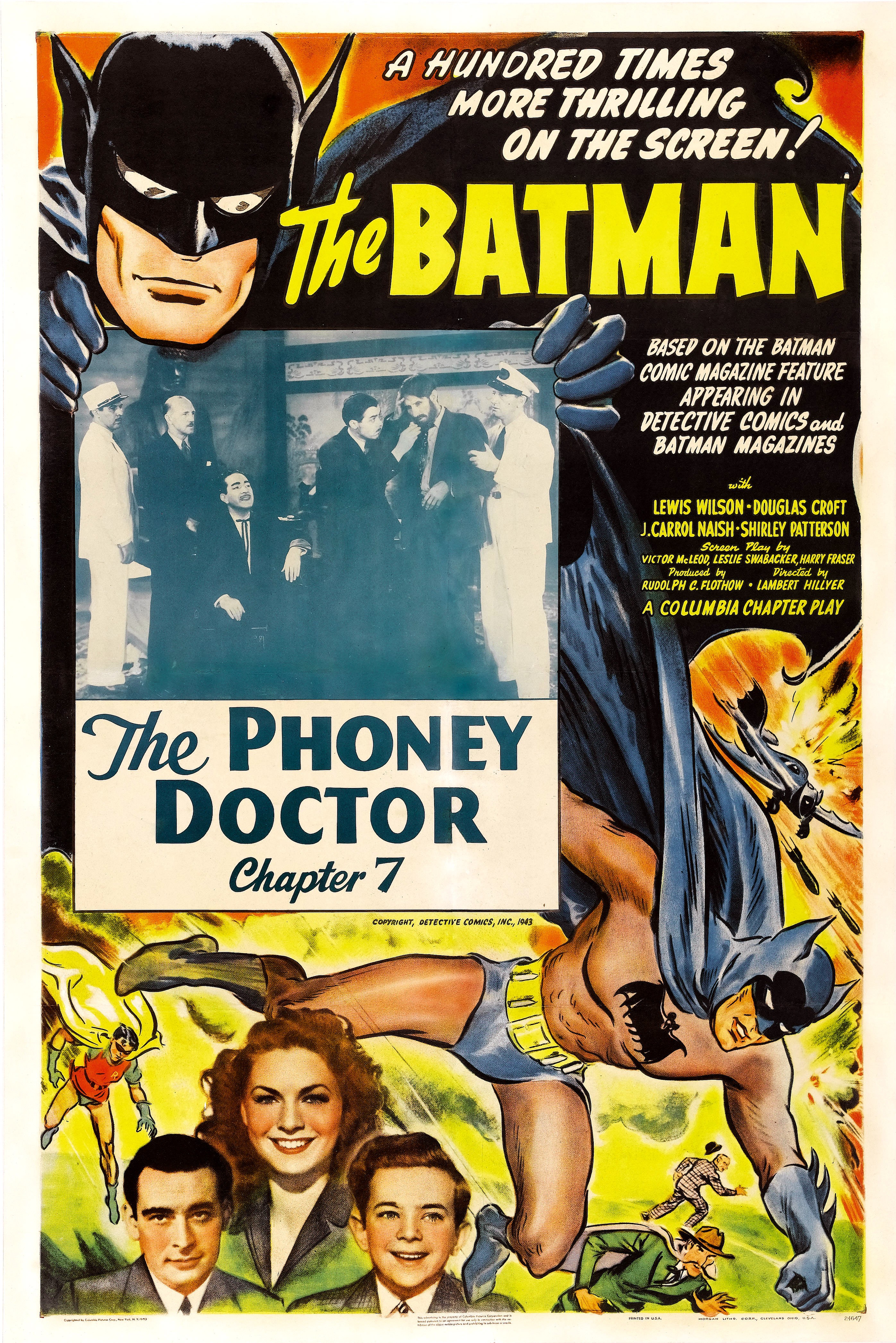 A poster for Chapter 7, "The Phoney Doctor," from Columbia Pictures' 1943 "Batman" serial features the first live-action Batman alongside Douglas Croft as Robin. | Source: Getty Images