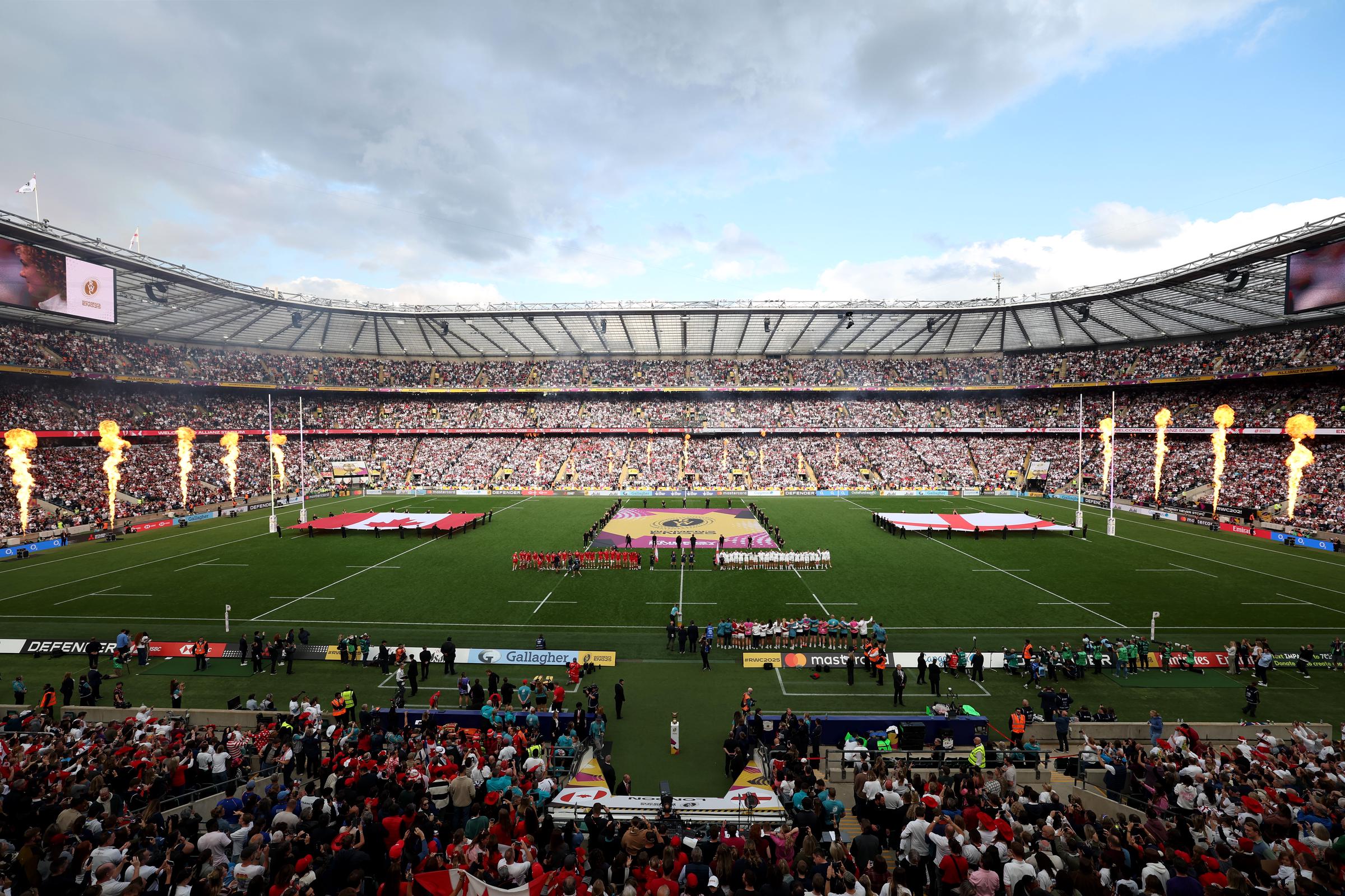 A wide view of the teams lined up for the national anthem and the huge crowd during the Women's Rugby World Cup 2025 Final. | Source: Getty Images
