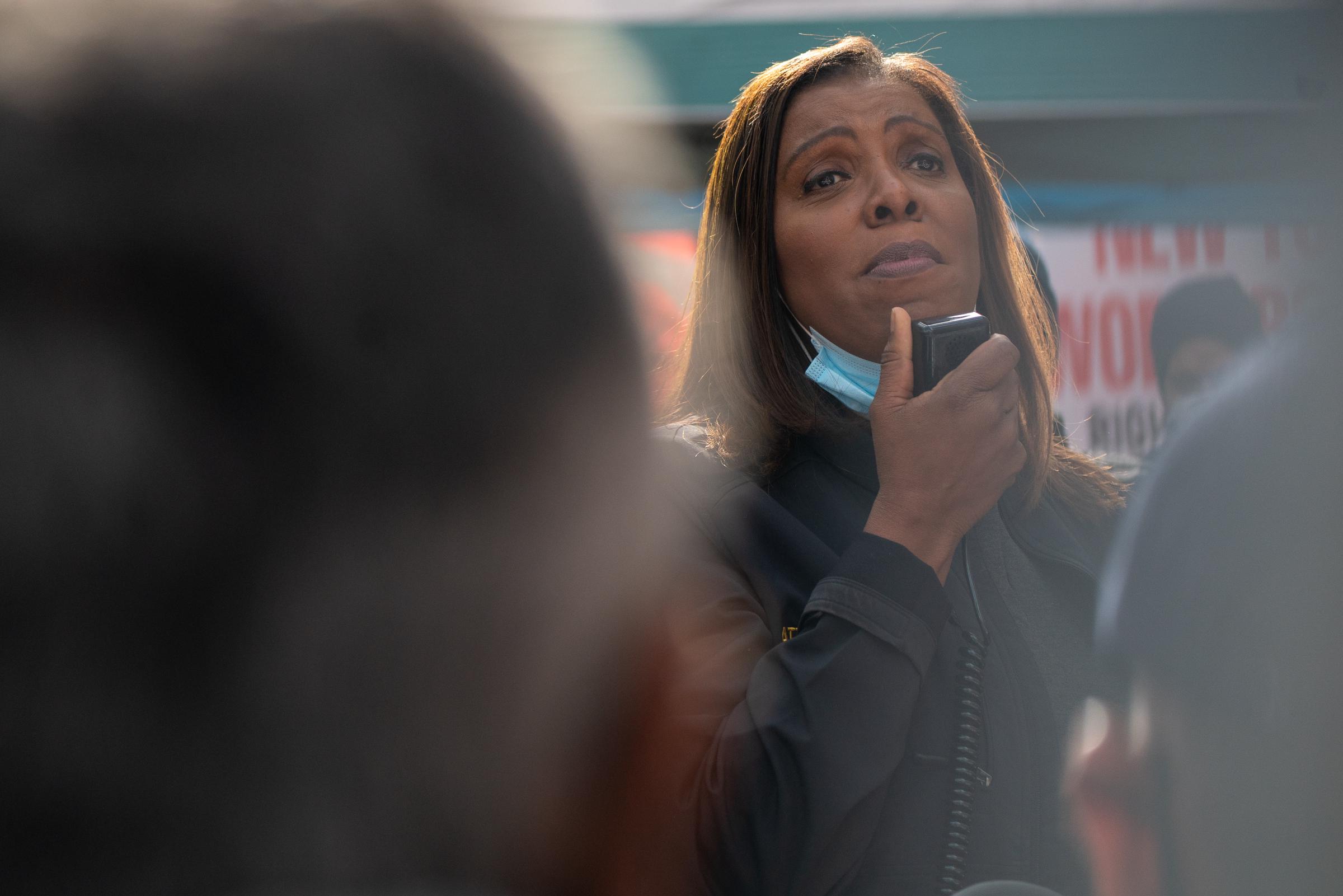 Attorney General Letitia James speaks to members of the New York Taxi Workers Alliance on November 2, 2021 in New York City. | Source: Getty Images