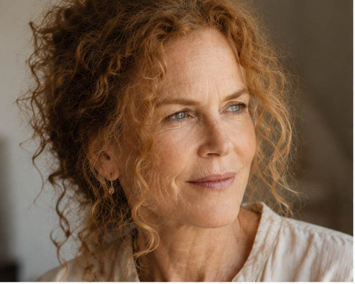 Soft lighting catches the authentic, paper-thin texture of her skin, showing a map of fine lines and natural thinning that reflects a graceful, intervention-free approach to growing older in the spotlight. | Source: Midjourney