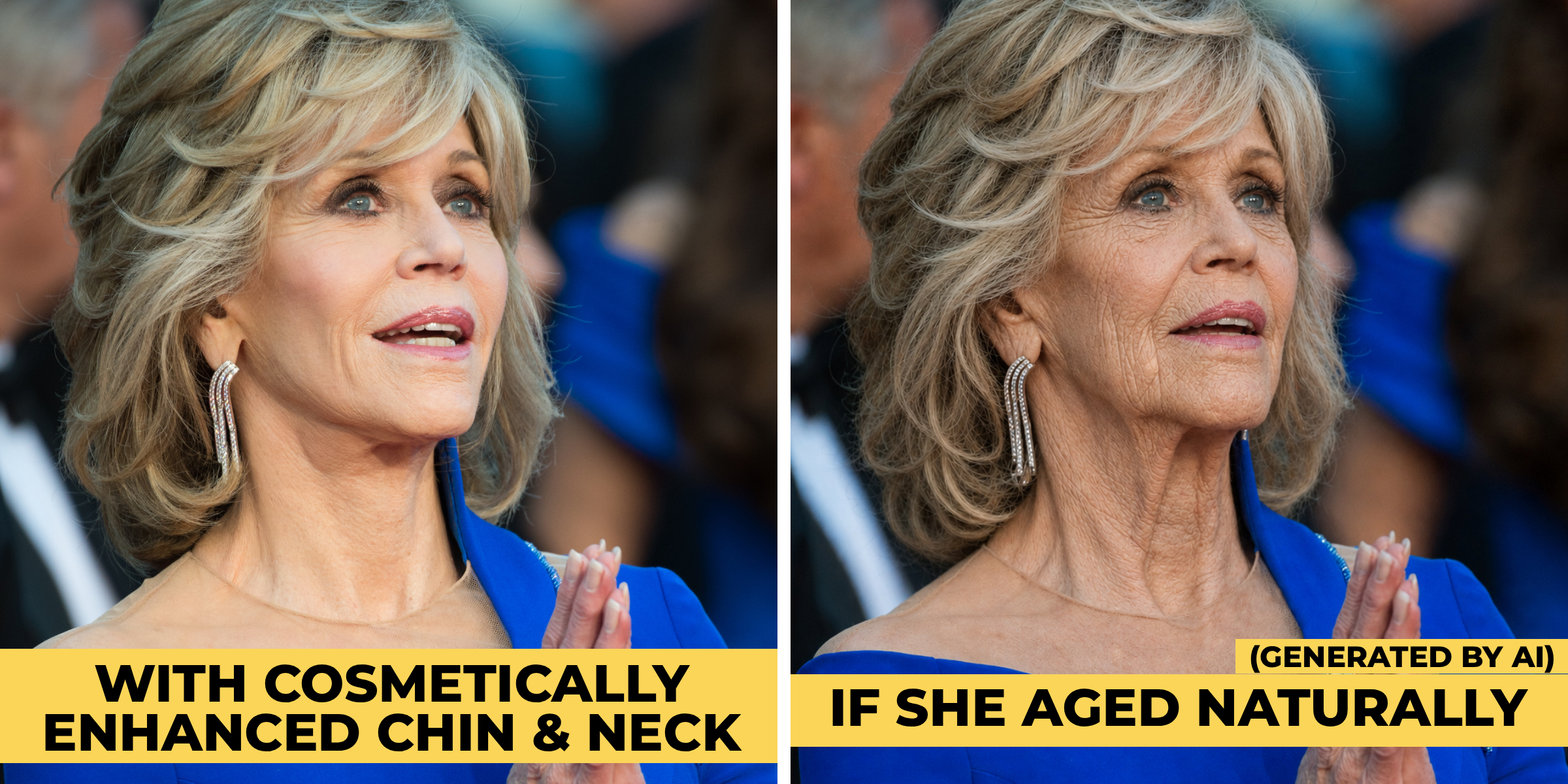 A recent photo of Jane Fonda (left) shown alongside an AI-generated interpretation. | Source: Getty Images | ChatGPT