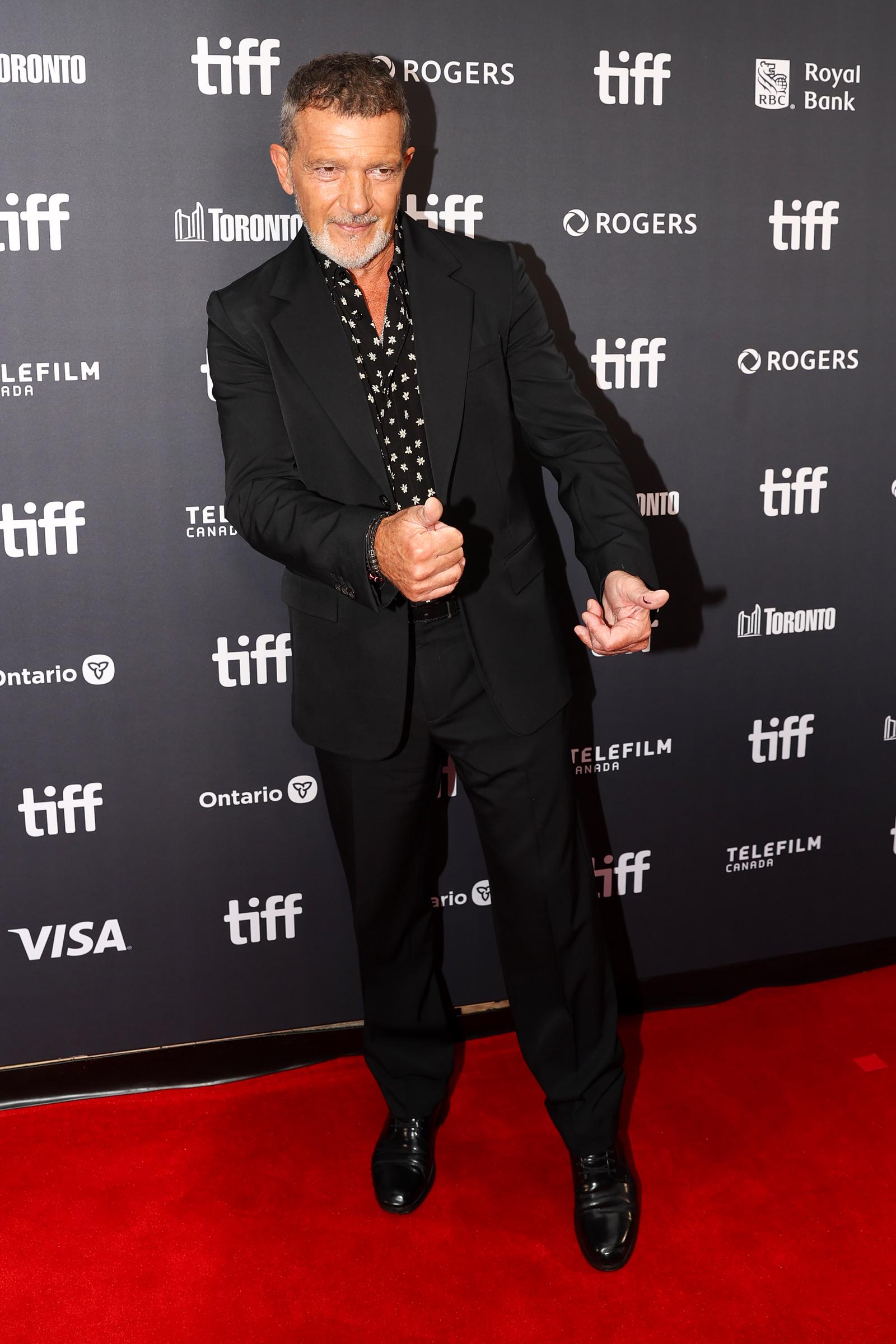 Banderas arrived at the "Up Against It" premiere in a black suit, keeping the overall look dark from head to toe. | Source: Getty Instagram