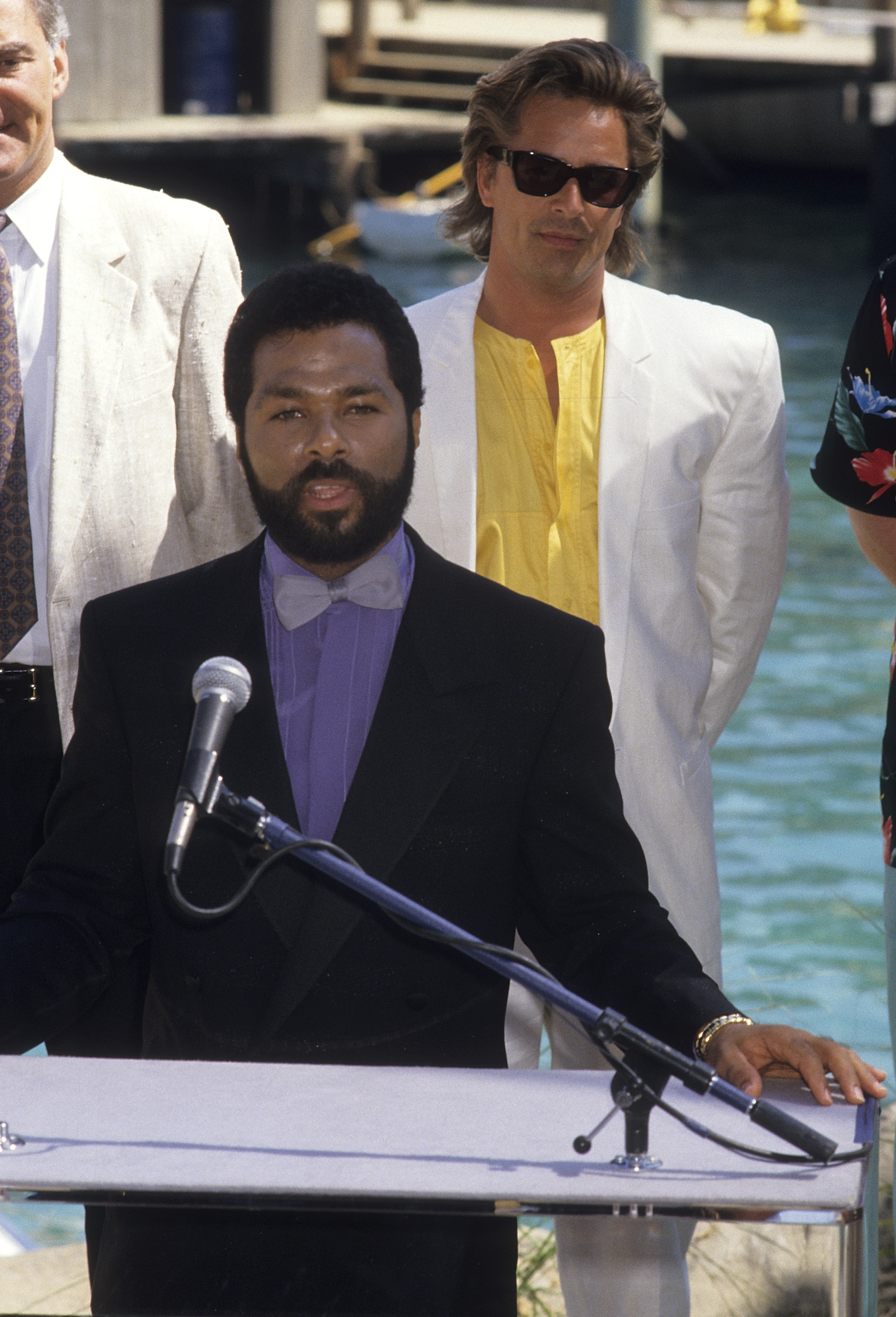 Philip Michael Thomas and Don Johnson attend Universal Studios' "Miami Vice Action Spectacular" launch on June 16, 1987 | Source: Getty Images