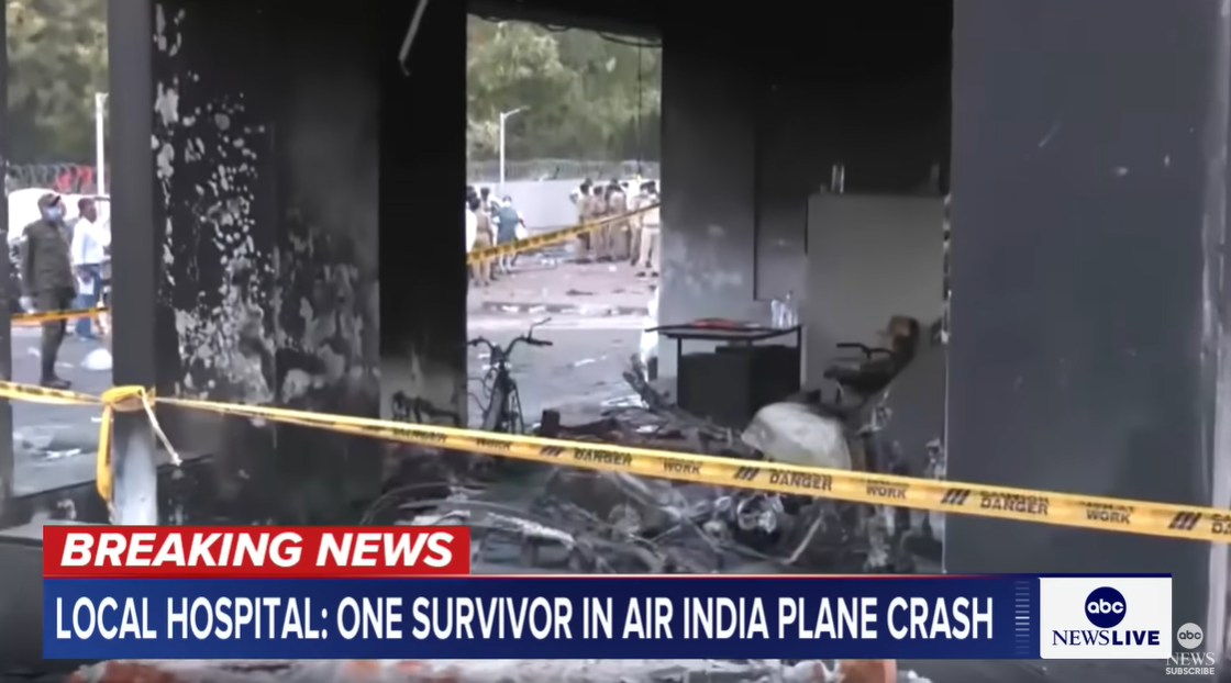 Burned vehicles and furniture sit at the scorched entrance of the crash site, now marked off with police tape. | Source: YouTube/ABCNews