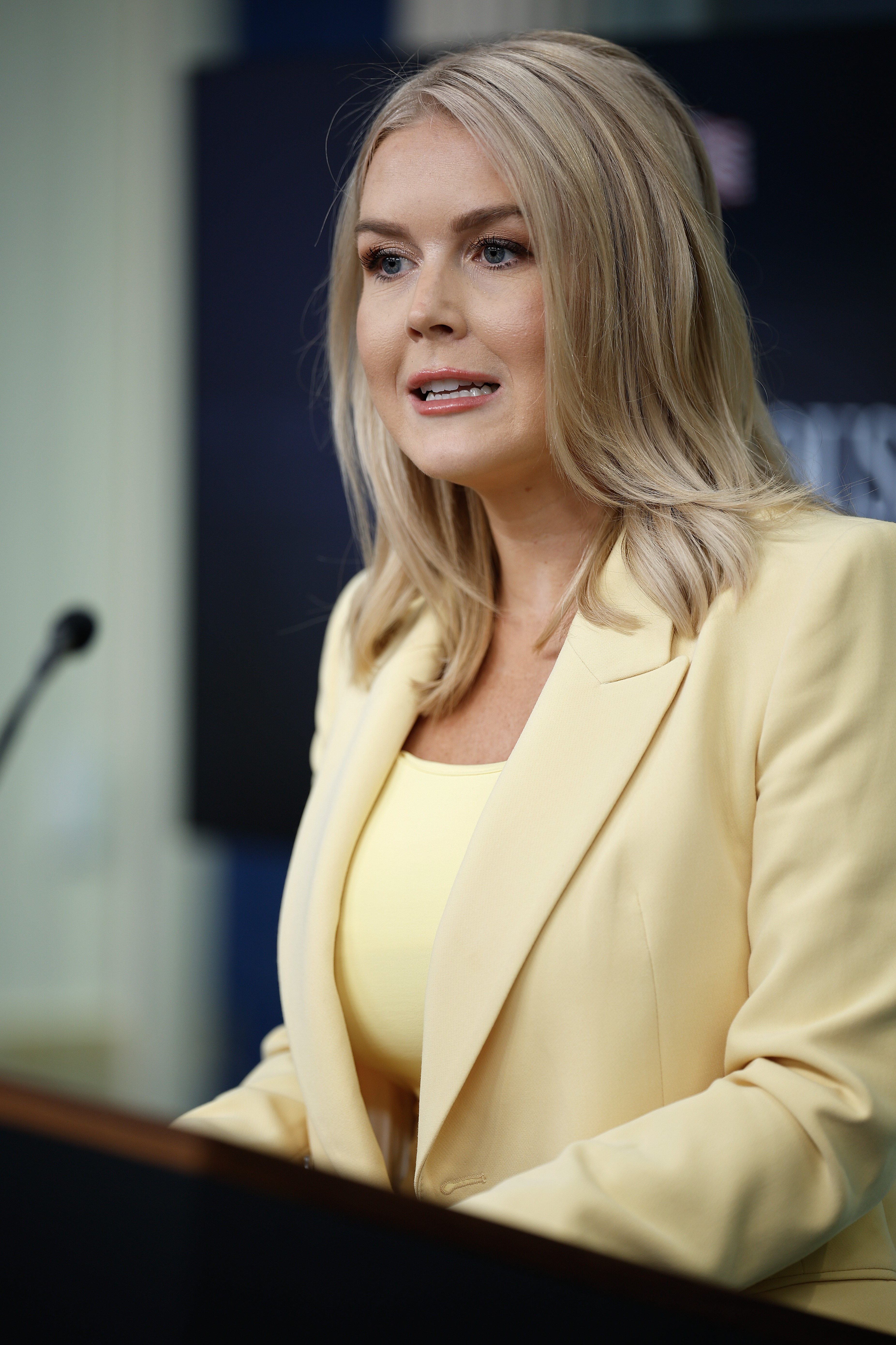 Karoline Leavitt is seen talking to reporters during a news conference at the White House on May 19, 2025, in Washington, D.C. | Source: Getty Images