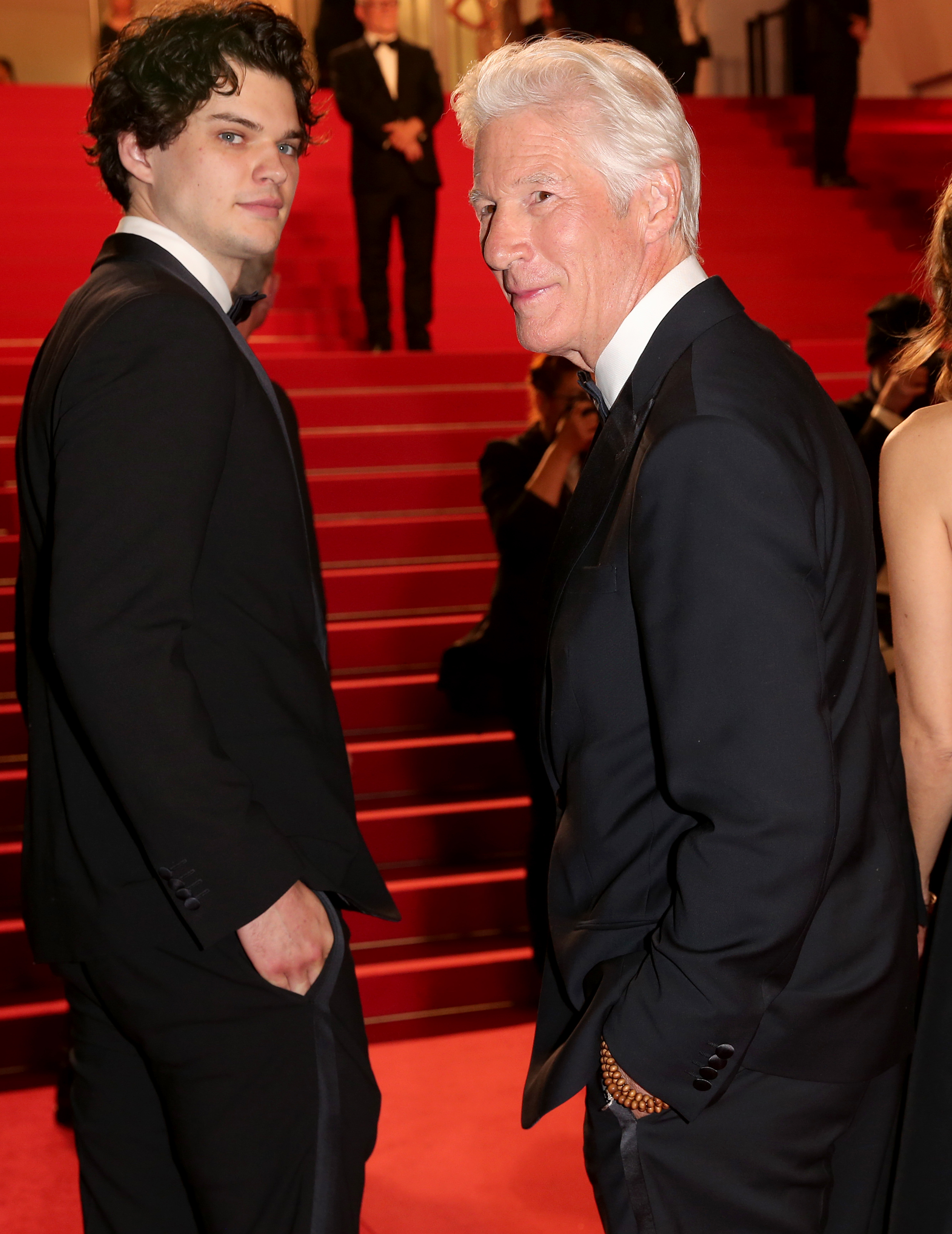 Richard Gere shares a moment with his son, Homer James Jigme Gere, as they arrive for the Oh, Canada premiere at the Cannes Film Festival.