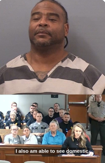 Emonnie Branch is pictured in a booking photo alongside a courtroom appearance after being charged with the murder of Kentucky State Trooper Hayden Phillips. | Source: X/Karen Aguilar