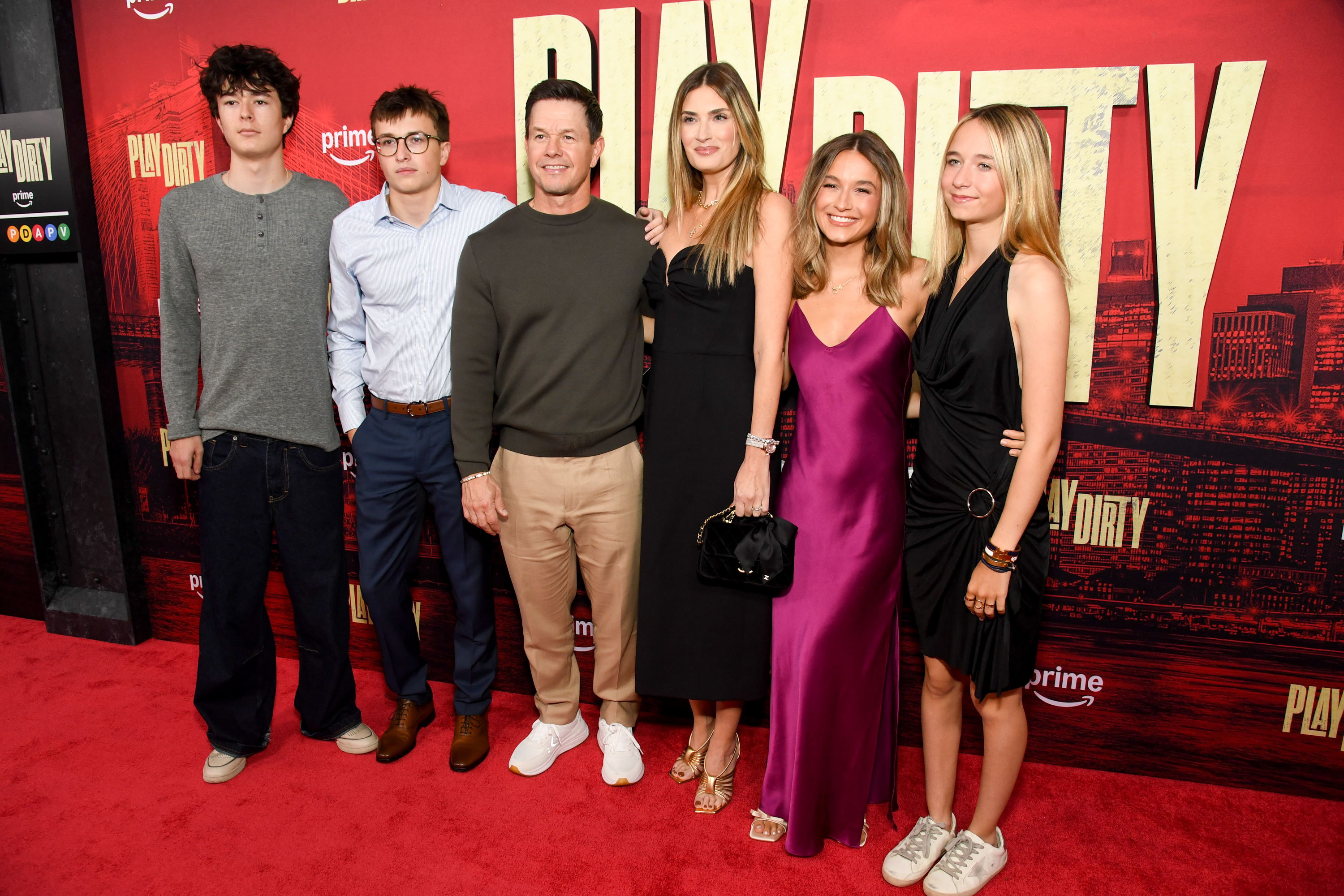 Mark Wahlberg, with his children, Brendan, Michael, Ella, and Grace are with Rhea Durham, at the Amazon MGM Studios' "Play Dirty" world premiere held at SVA Theater in New York on September 24, 2025. | Source: Getty Images