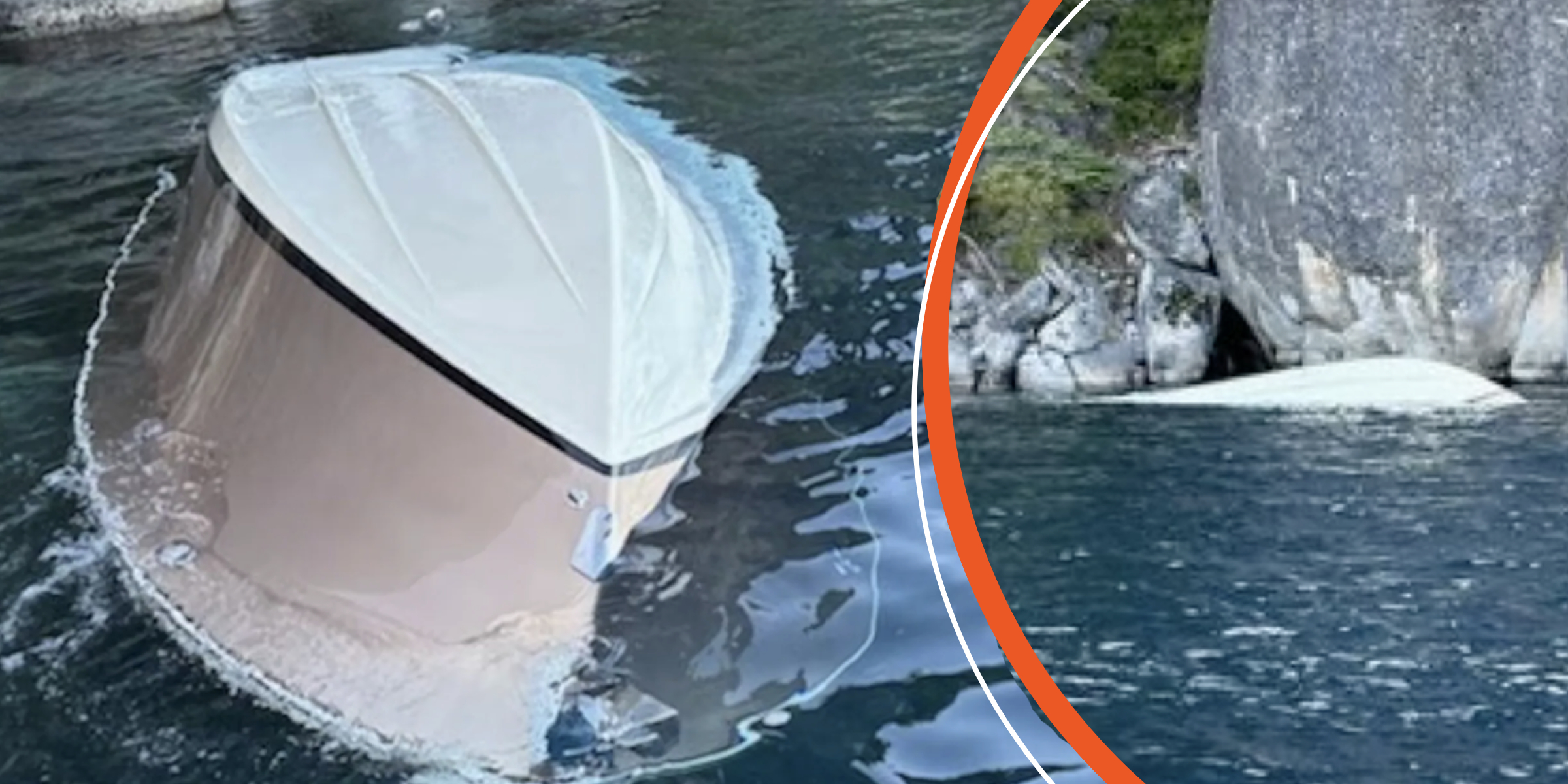 Overturned boat in open water | Same vessel near rocky shore | Source: YouTube/cbssacramento