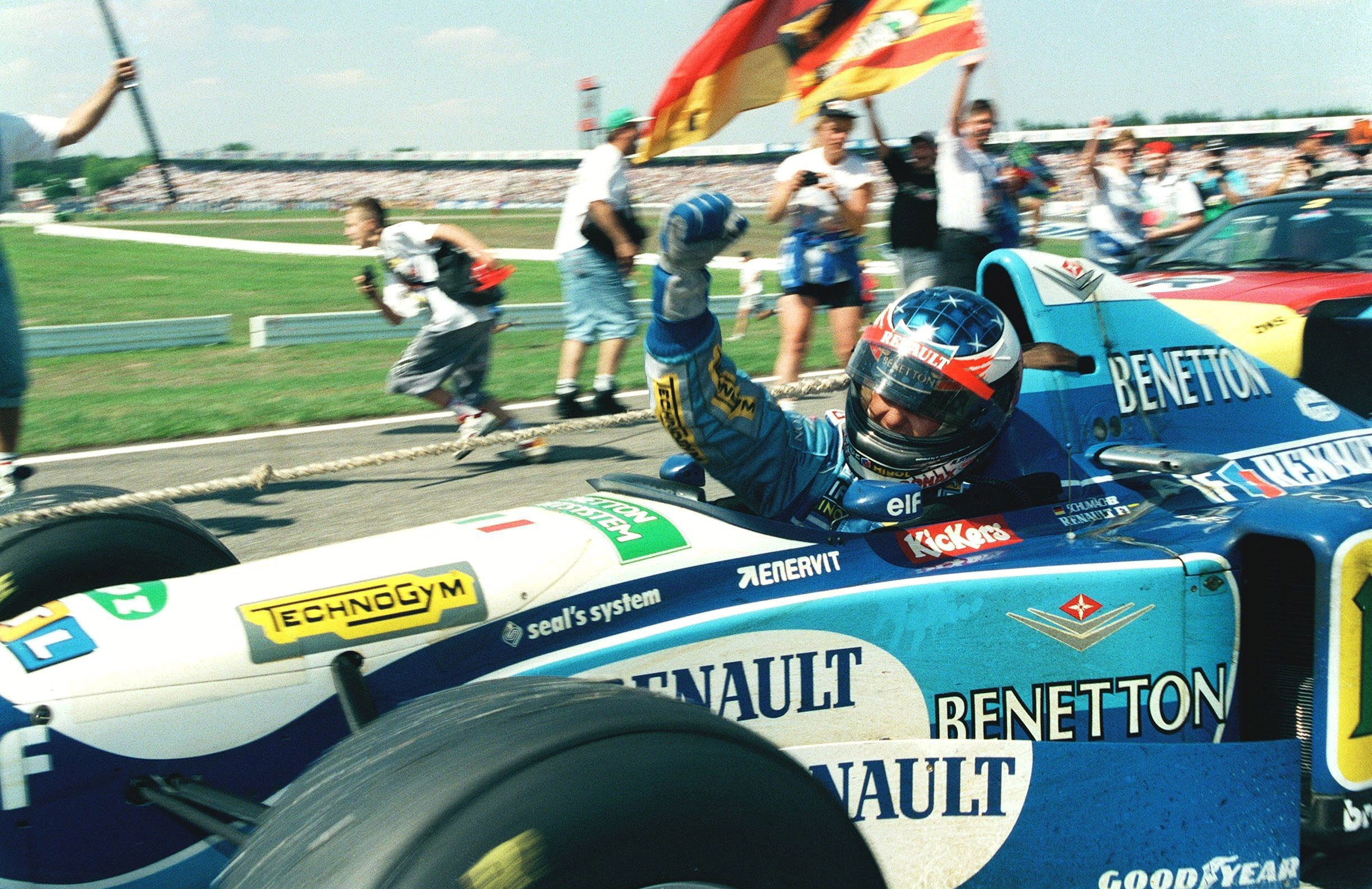 Michael Schumacher celebrated victory at the German Grand Prix in Hockenheim, Germany, on July 30, 1995. | Source: Getty Images