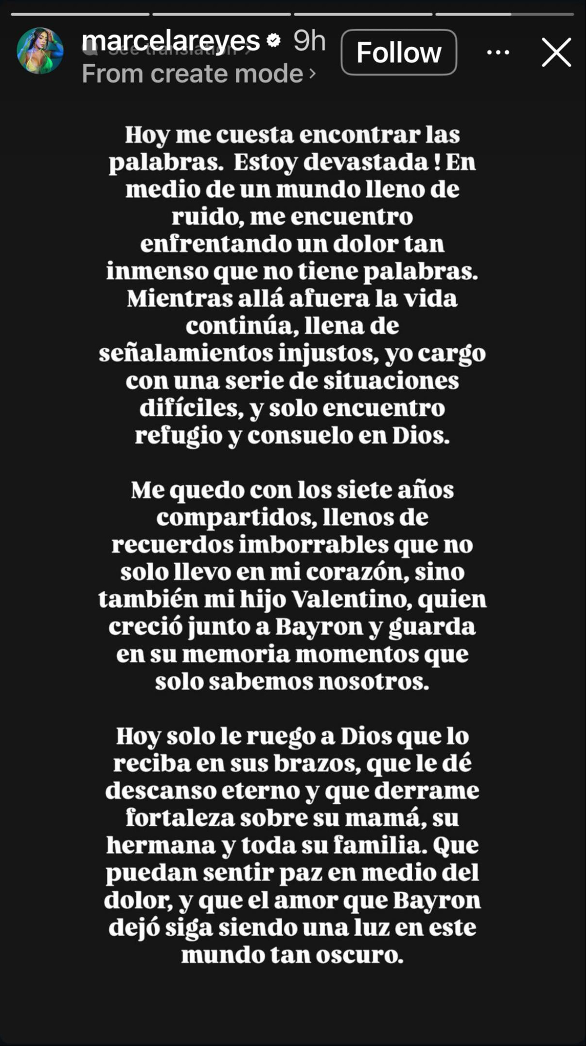 Instagram Story of Marcela Reyes, ex-wife of B King in which she expressed her grief after the death of her ex-partner Bayron Sanchez | Source: Instagram Stories/marcelareyes