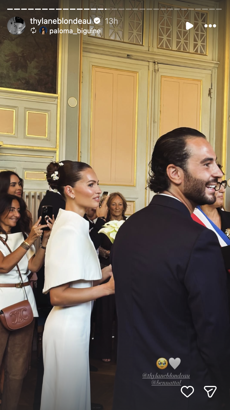 The newlyweds stood together during their intimate civil ceremony at Paris' Mairie du 16ᵉ arrondissement, surrounded by family and friends. | Source: Instagram/thylaneblondeau
