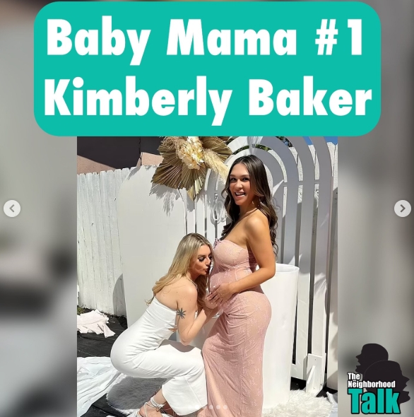 Kimberly Baker is pictured while pregnant, smiling in a fitted pink dress as another woman poses beside her with a hand against Baker's baby bump. Baker later identified Tyreek Hill as the father of her daughter, Trae Love Hill. The image appeared in a post dated July 12, 2024. | Source: Instagram/theneighborhoodtalk