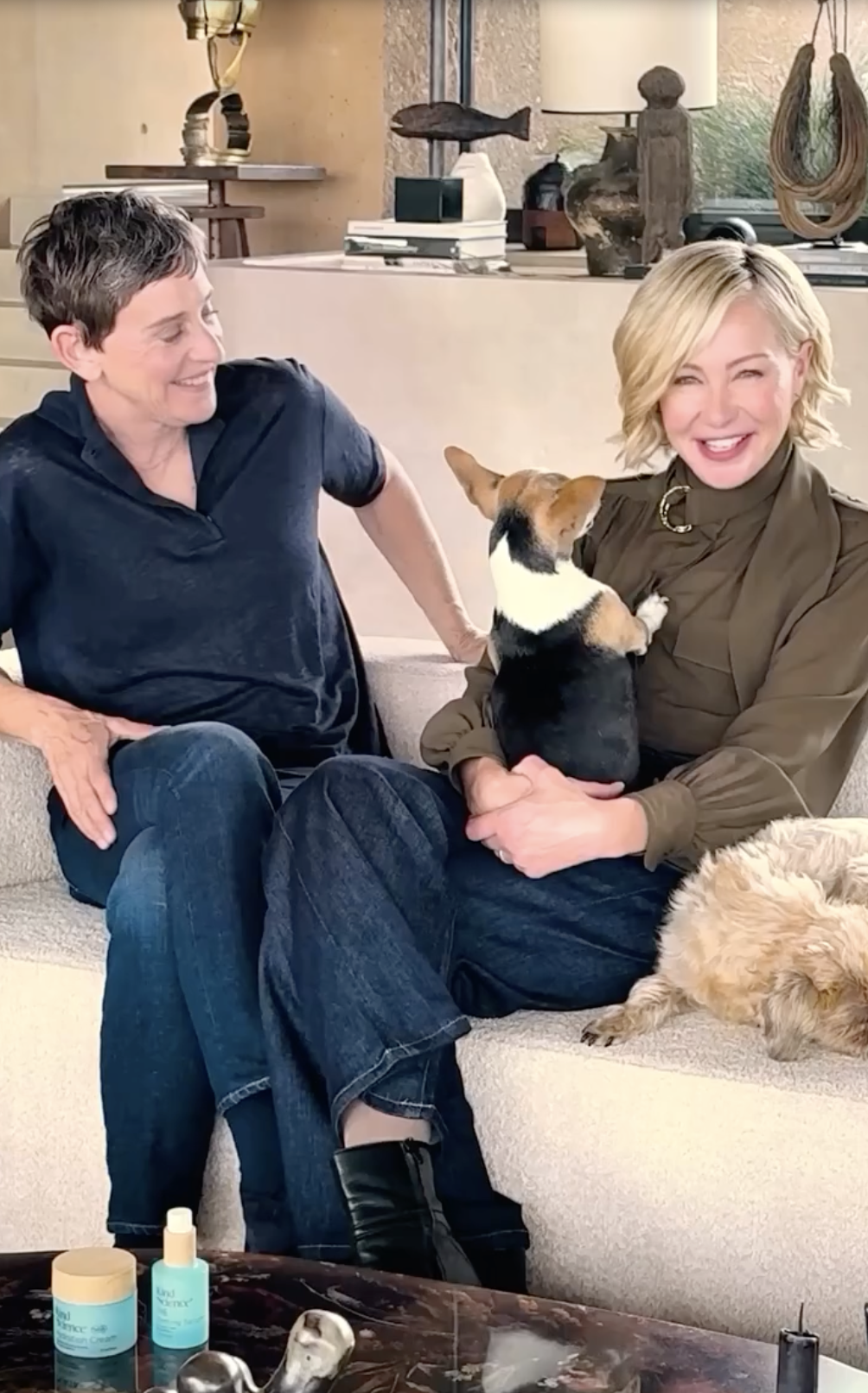 Ellen DeGeneres and Portia de Rossi inside their home with their animals from a post dated August 11, 2025. | Source: Instagram/ellendegeneres