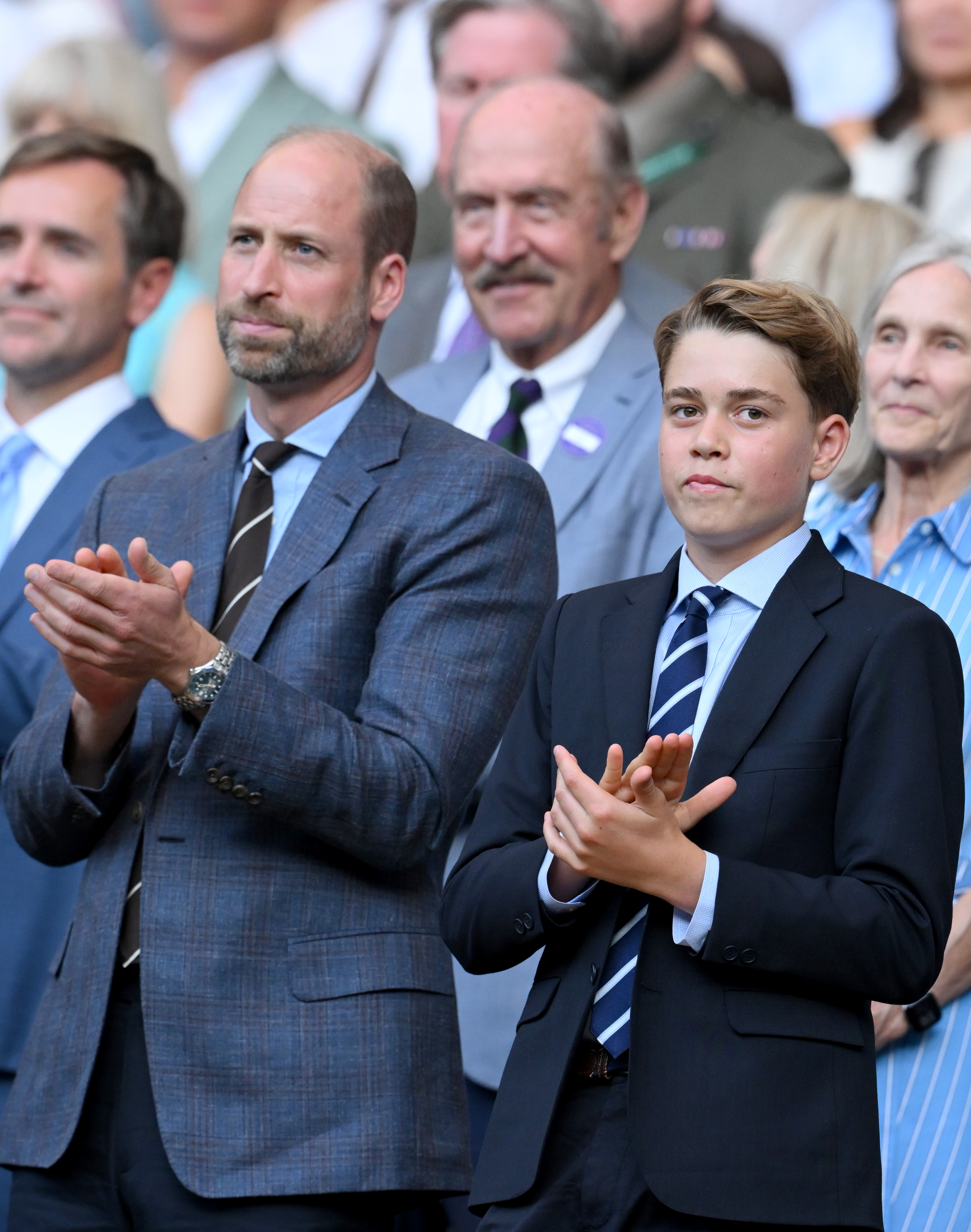 Prince George followed his father's style in a slightly darker but matching suit. At this event, they attended the Wimbledon Tennis Championships at the All England Lawn Tennis and Croquet Club on July 12, 2026, in London, England. | Source: Getty Images