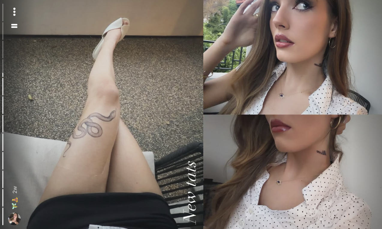 Harper Lockwood shares a split-screen story showcasing her new tattoos, featuring an intricate snake design coiled along her lower leg alongside a selfie highlighting a discreet ink design on the side of her neck while wearing a polka-dot collared top.