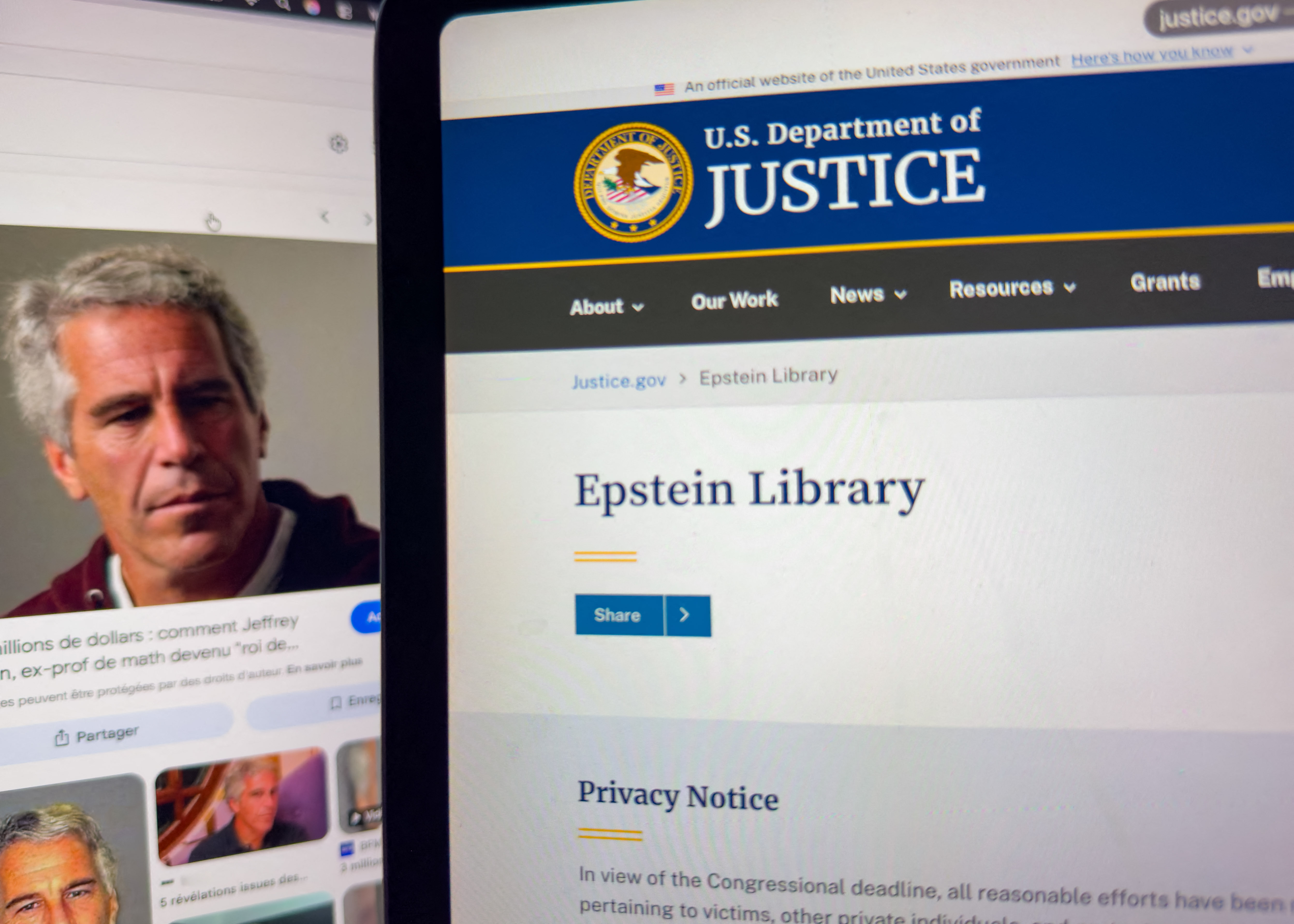 A tablet screen displays a portrait of Jeffrey Epstein beside the official U.S. Department of Justice website page titled Epstein Library on February 11, 2026, in Washington, District of Columbia | Source: Getty Images